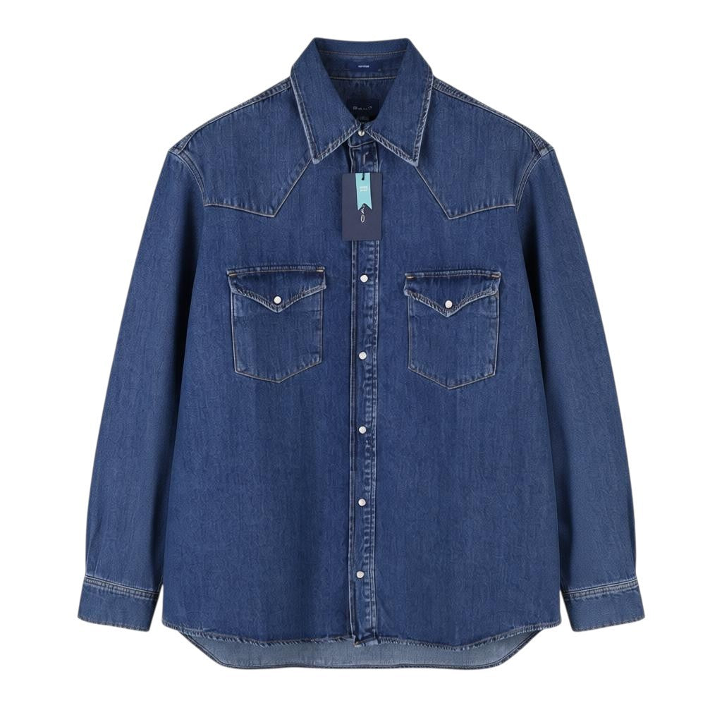 GANT Rel Denim Western Town vyriški marškinėliai M, vidutinės mėlynos spalvos, su sagomis, laisvalaikio stiliaus, RRP199