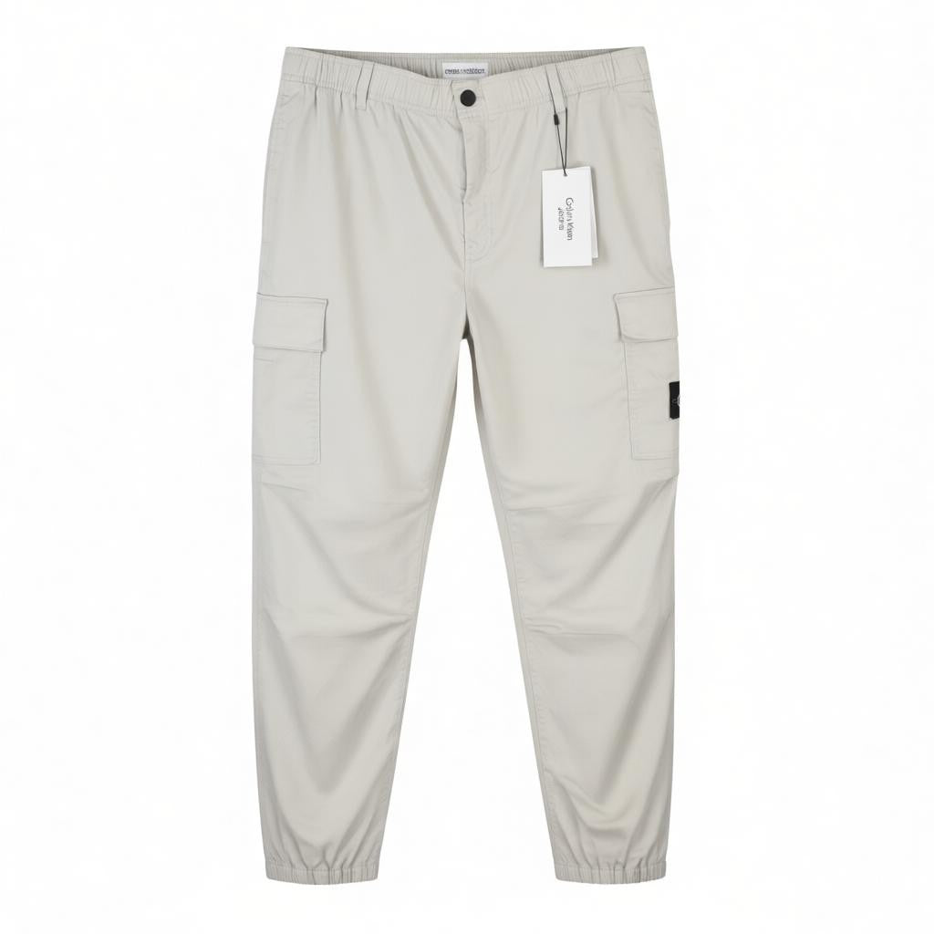 CALVIN KLEIN vyriškos tiesios krovininės kelnės L dydžio, šviesiai pilkos, su elastingu juosmeniu ir logotipu 