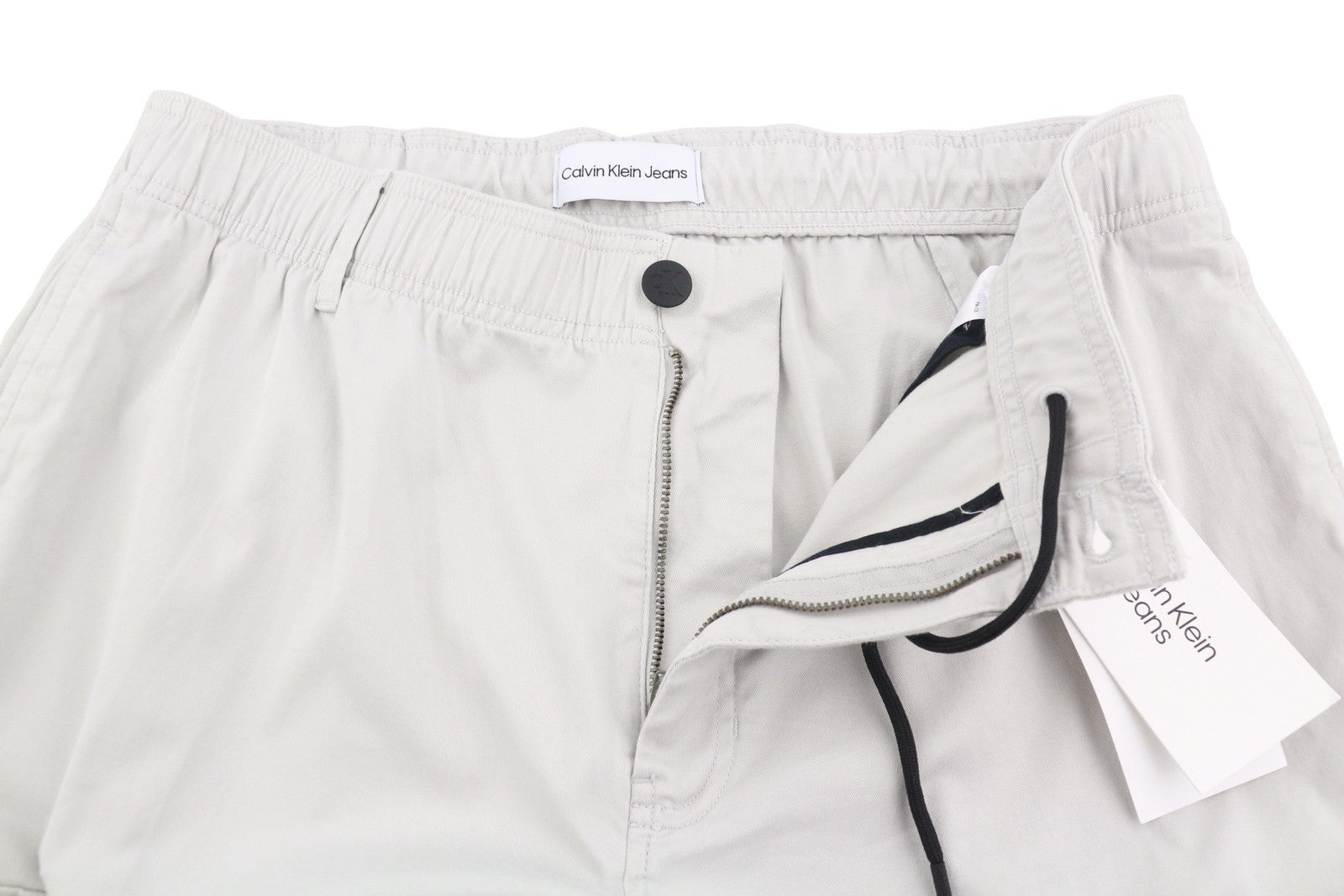 CALVIN KLEIN vyriškos tiesios krovininės kelnės L dydžio, šviesiai pilkos, su elastingu juosmeniu ir logotipu 