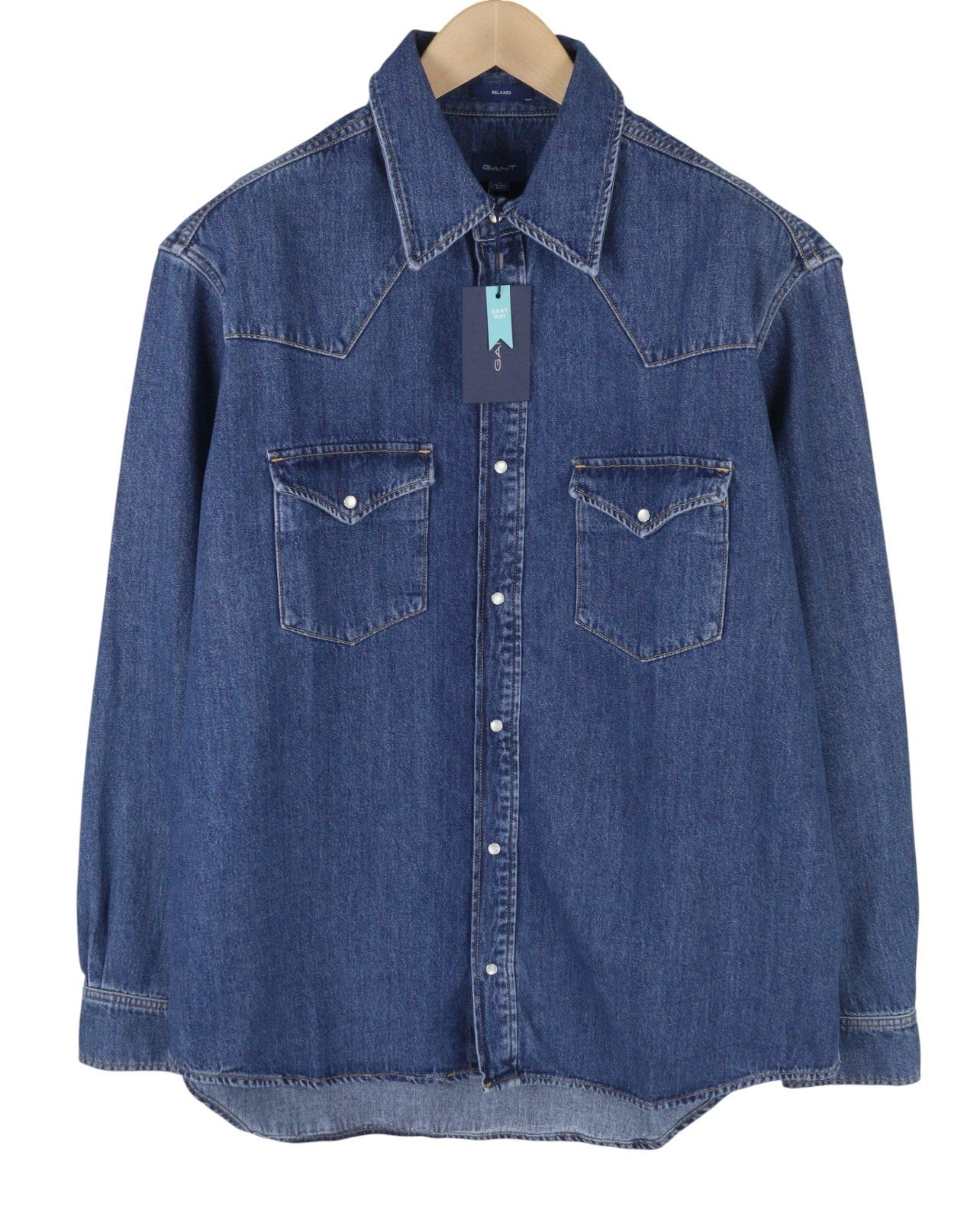 GANT Rel Denim Western Town vyriški marškinėliai, L dydžio, vidutinės mėlynos spalvos, su sagomis, laisvalaikio stiliaus, RRP199