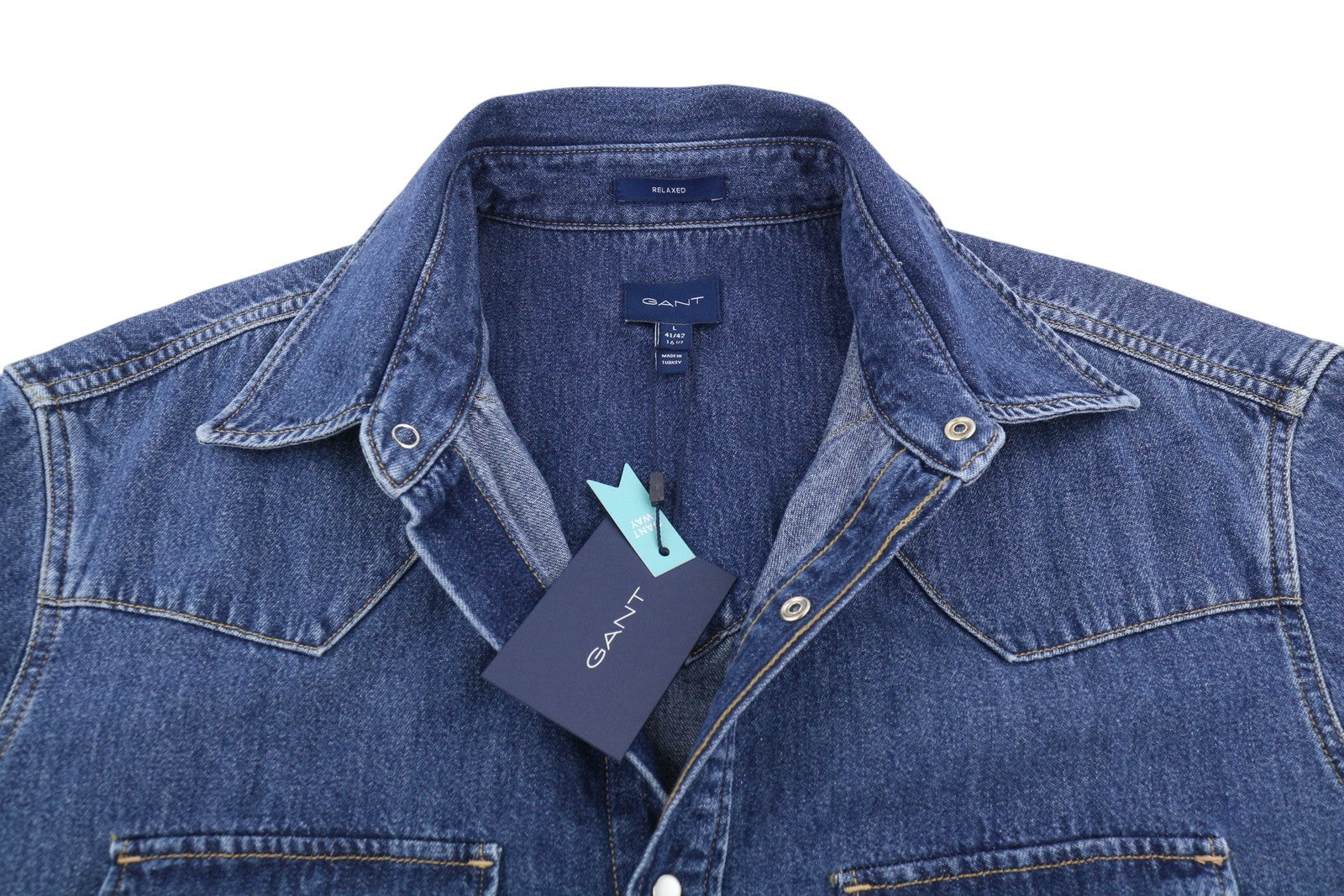 GANT Rel Denim Western Town Men Shirt L Mid Blue Snap Buttons Relaxed RRP199