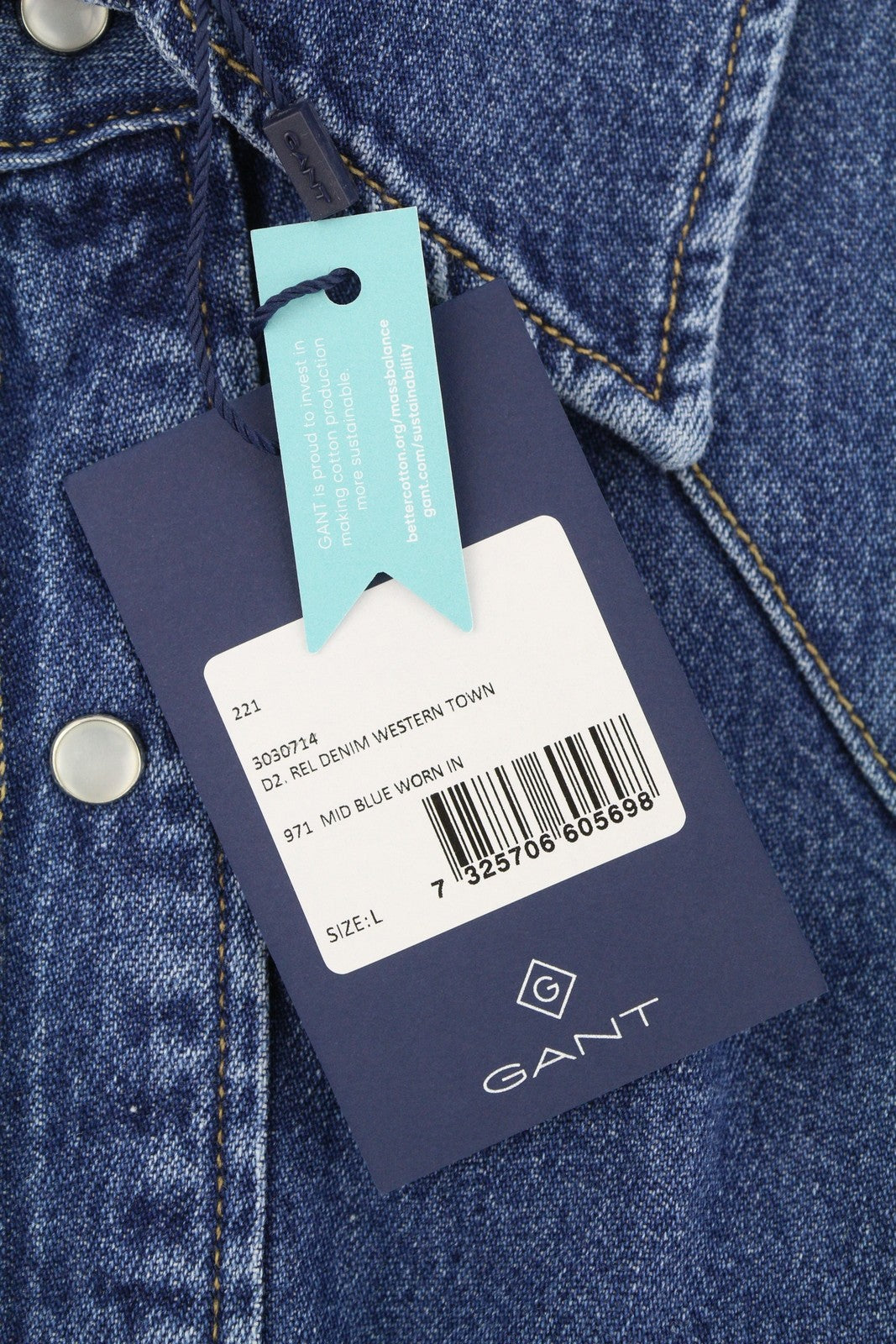 GANT Rel Denim Western Town Men Shirt L Mid Blue Snap Buttons Relaxed RRP199