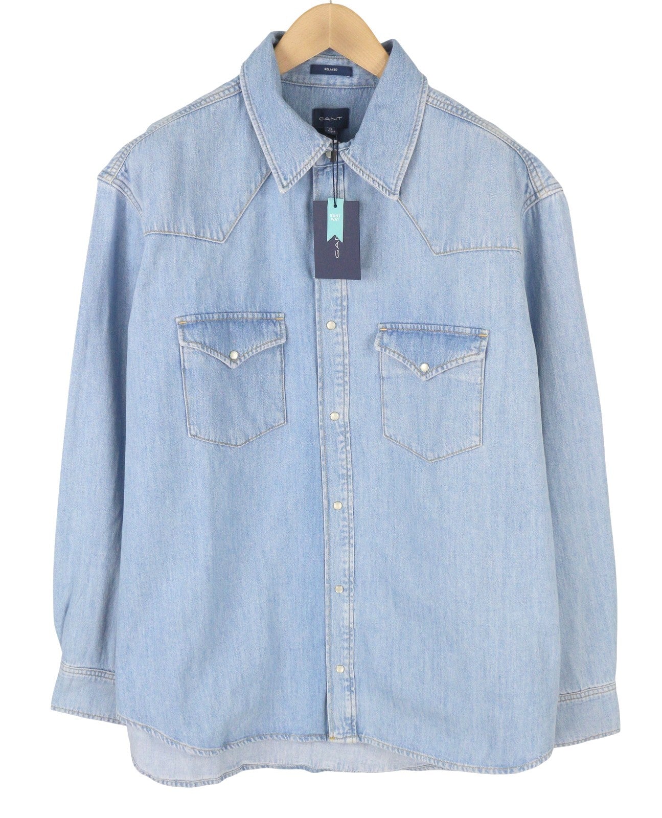 GANT Rel Denim Western Town vyriški marškinėliai, XL dydžio, šviesiai mėlyni, su sagomis, laisvalaikio stiliaus, RRP199