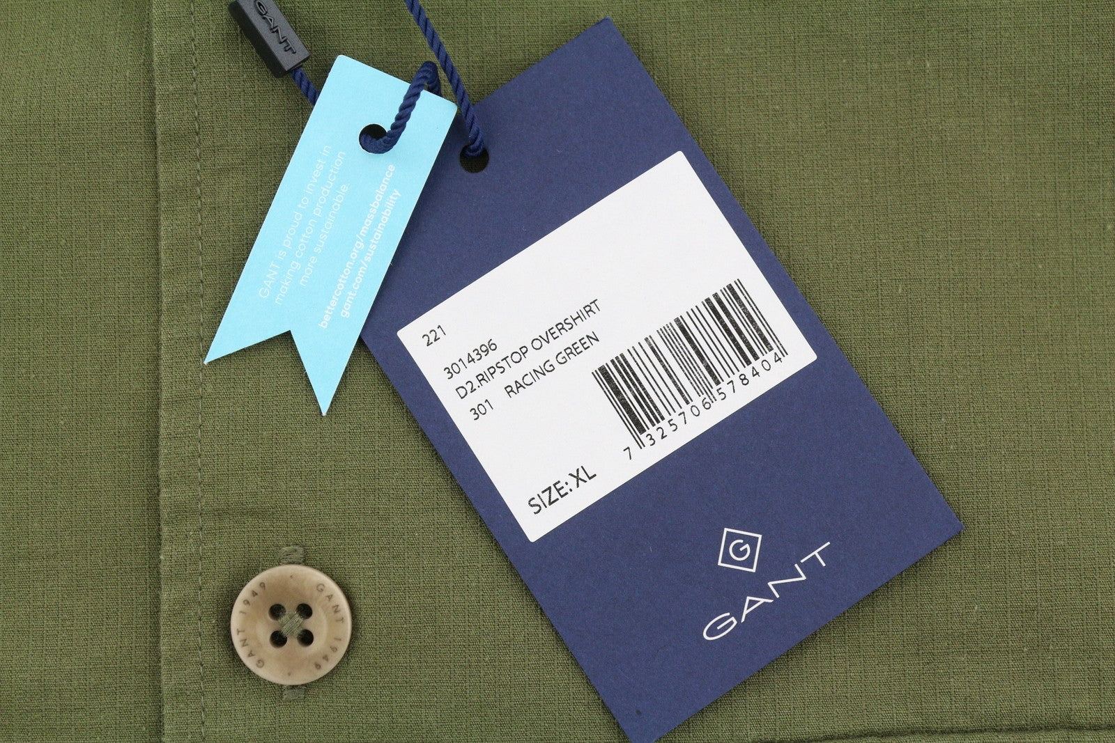 GANT Ripstop Overshirt Men Jacket XL Racing Green Button-Up Patch Pocket Thin