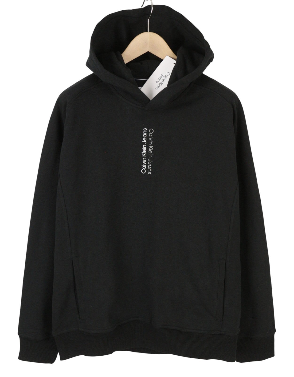 CALVIN KLEIN Men Hoodie XL Black Hooded Pockets Cotton Logo Oversized Pullover