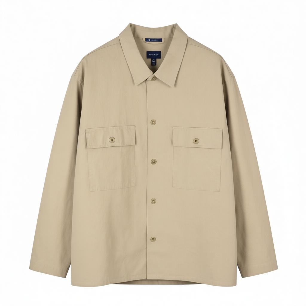 GANT Ripstop marškinėlių tipo vyriška striukė, 2XL dydžio, pilkai ruda, su sagomis ir užtiestomis kišenėmis, plona. 