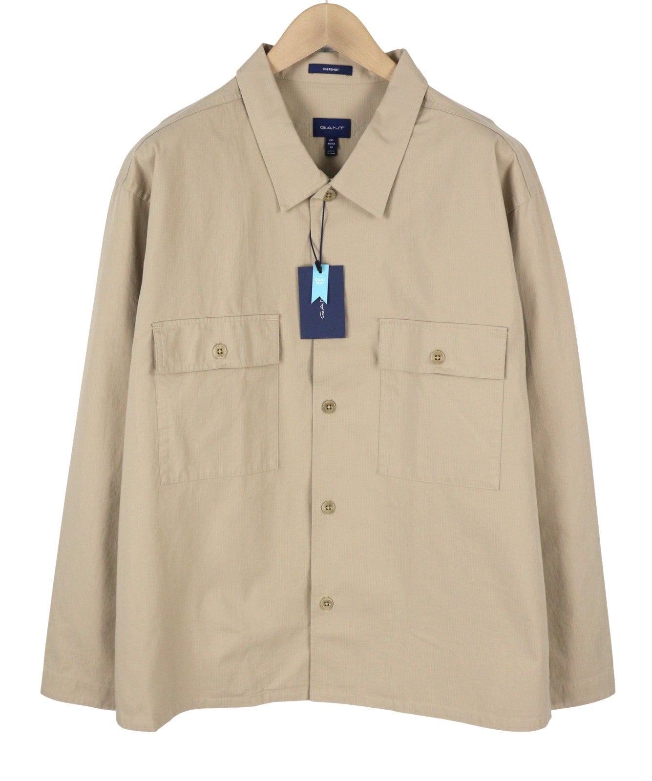 GANT Ripstop marškinėlių tipo vyriška striukė, 2XL dydžio, pilkai ruda, su sagomis ir užtiestomis kišenėmis, plona. 