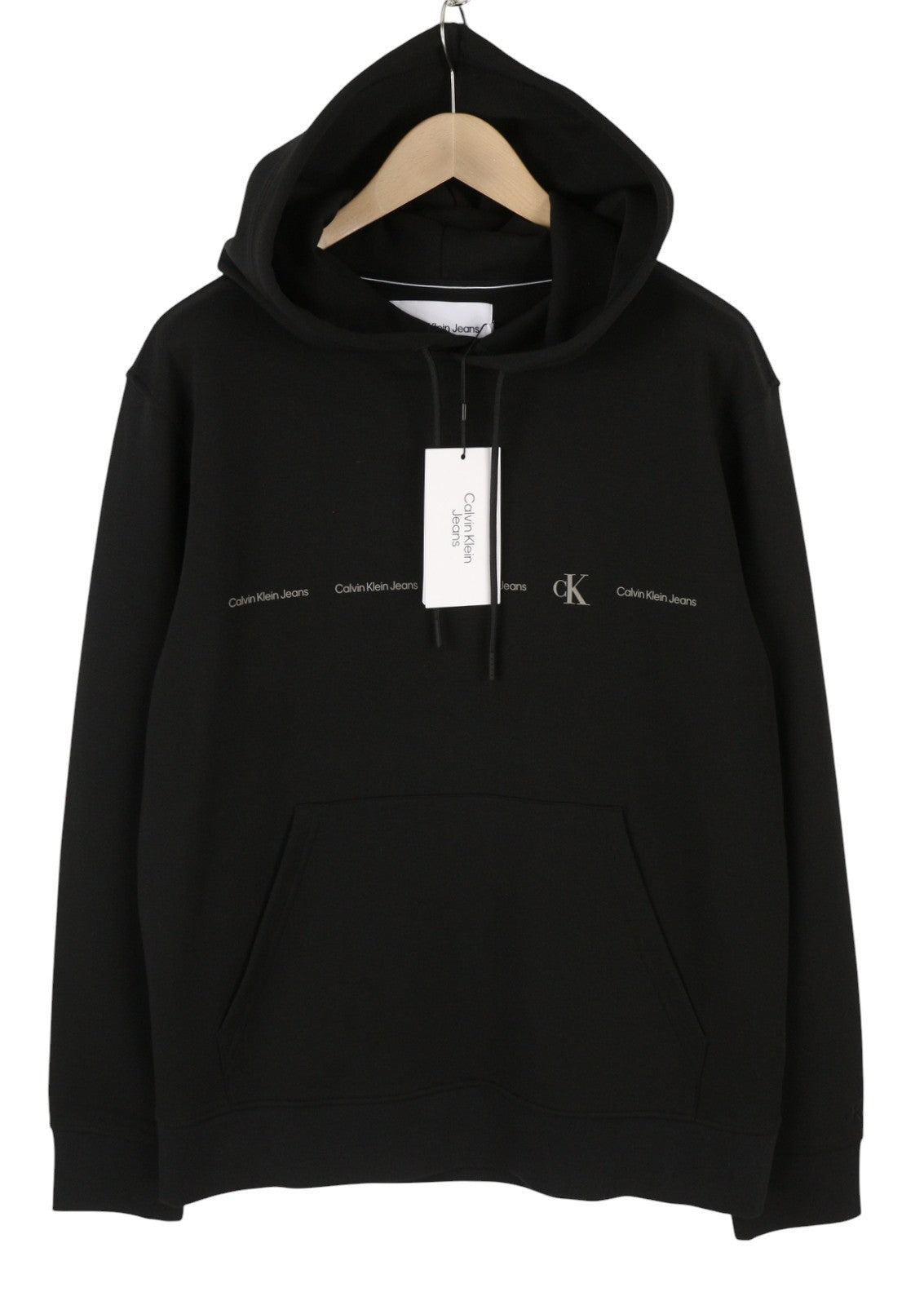 CALVIN KLEIN Men Hoodie XL Black Kangaroo Pocket Front Logo Hooded Pullover