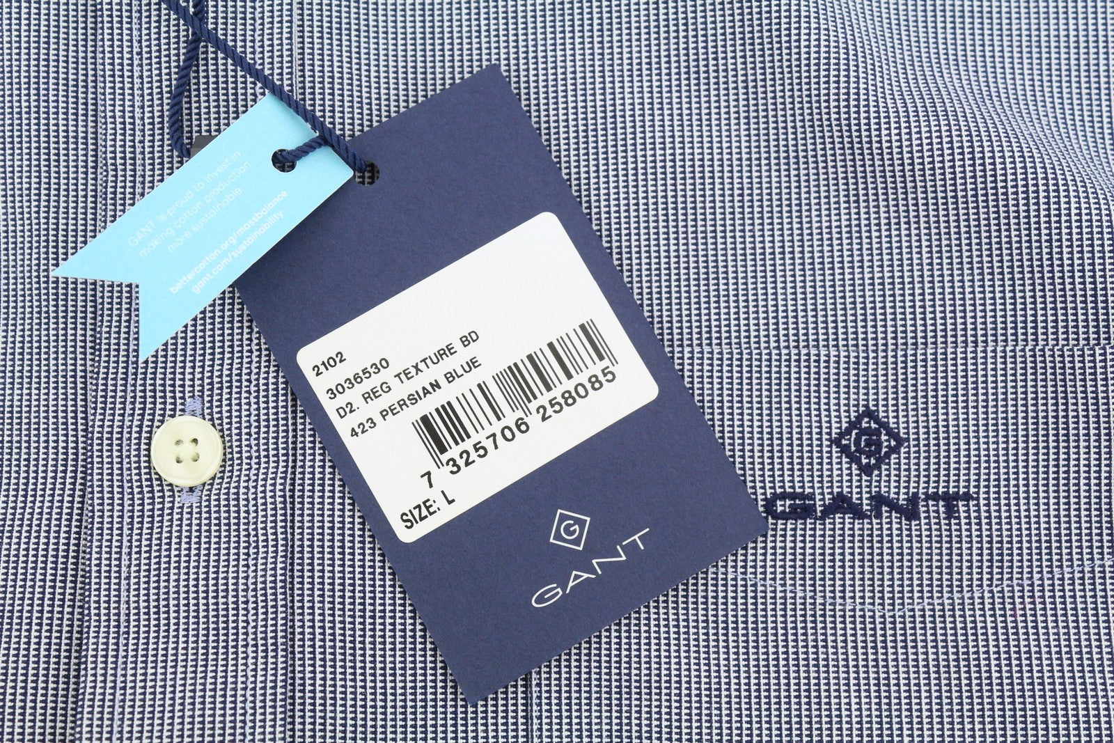 GANT Reg Texture Men Shirt L Persian Blue Button-Down Neck Patch Pocket Casual
