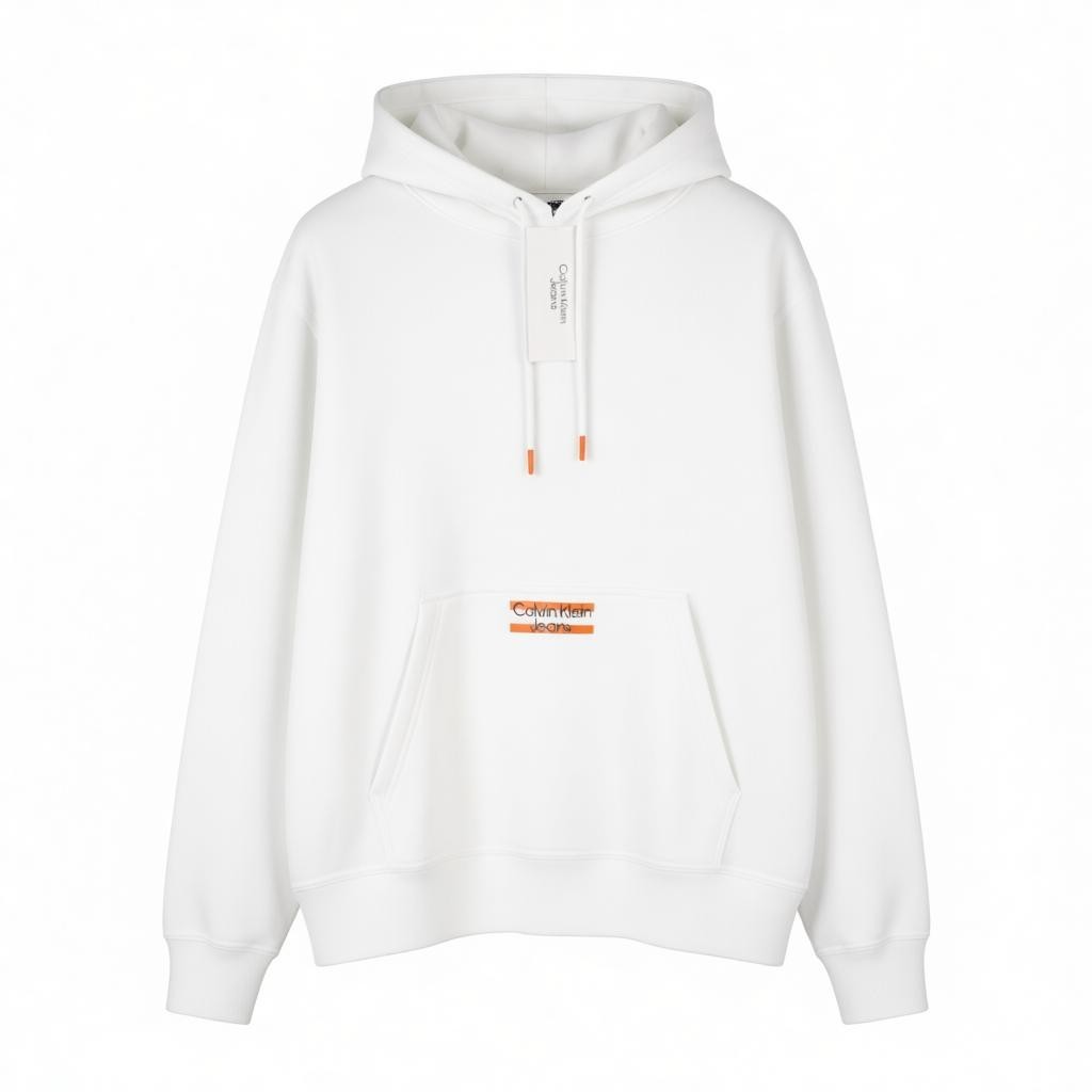 CALVIN KLEIN Men Hoodie XL Bright White Kangaroo Pocket Hooded Logo Pullover