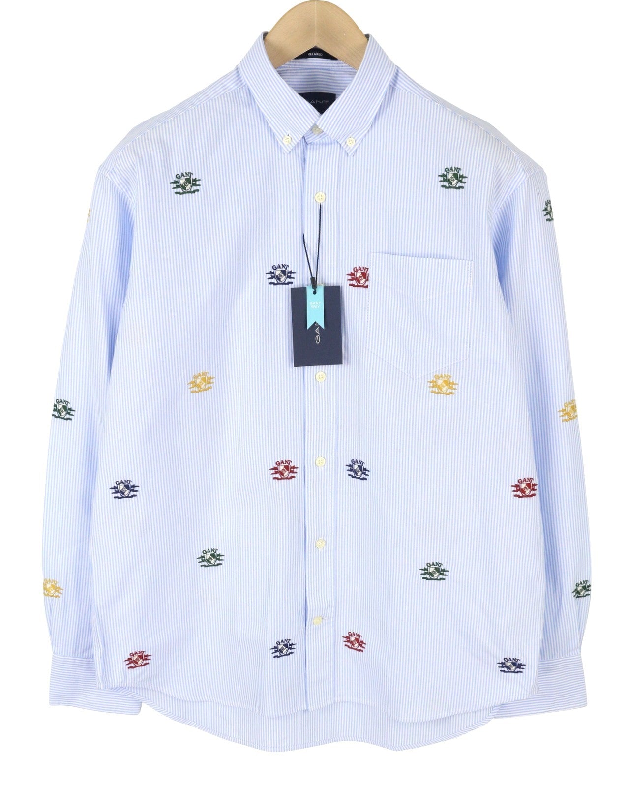 GANT Rel Emb Crest Oxford vyriški marškinėliai S dydžio, mėlyni, siuvinėti dryžuoti, laisvalaikio stiliaus