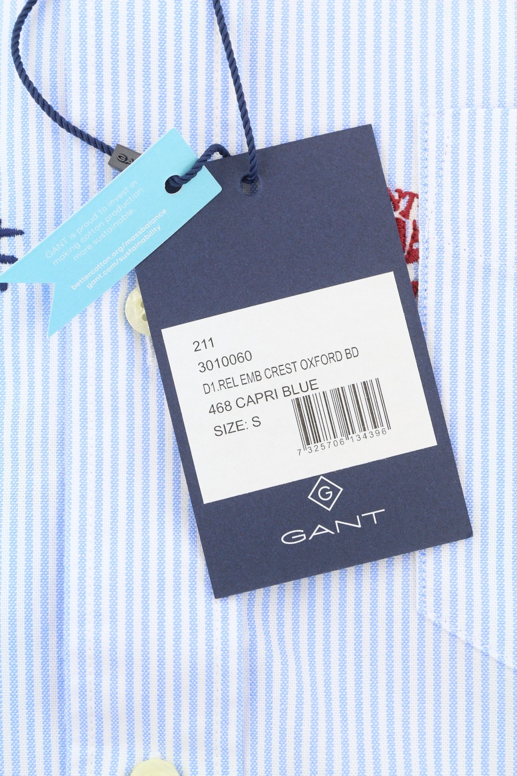 GANT Rel Emb Crest Oxford vyriški marškinėliai S dydžio, mėlyni, siuvinėti dryžuoti, laisvalaikio stiliaus