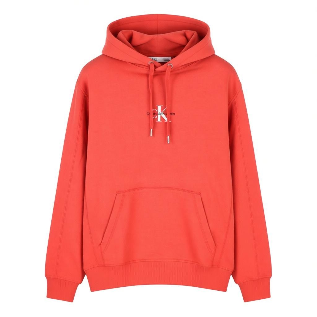 CALVIN KLEIN Men Hoodie L Rhubarb Red Kangaroo Pocket Front Logo Cotton Pullover