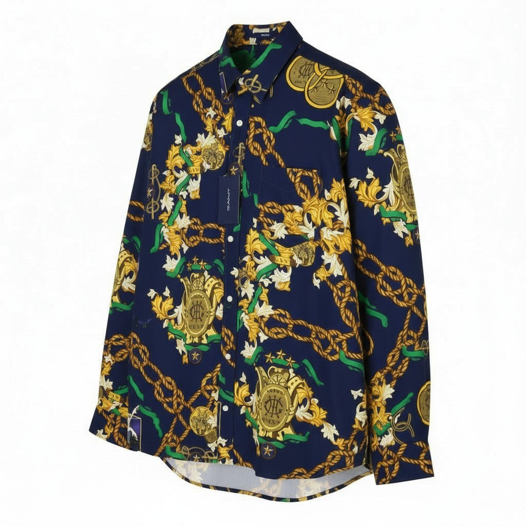 GANT Rel Chain Print Lyocell Town vyriški marškinėliai L dydžio, vakarinės mėlynos spalvos, laisvo kirpimo, laisvalaikio stiliaus 