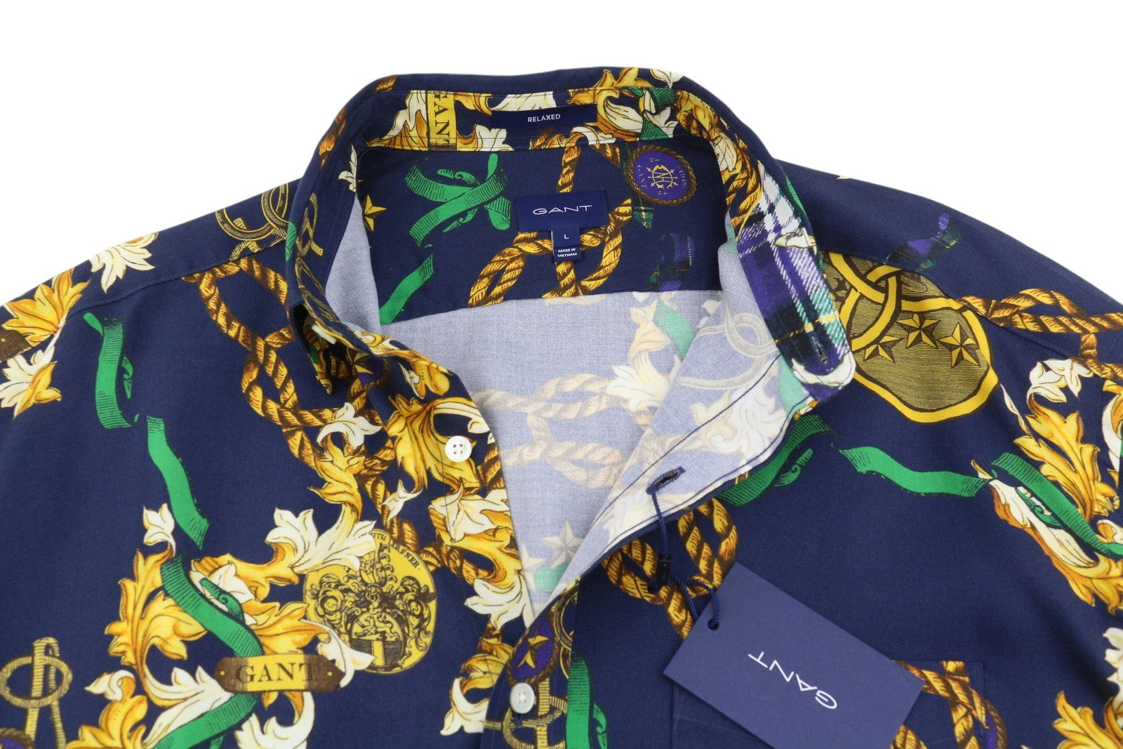 GANT Rel Chain Print Lyocell Town vyriški marškinėliai L dydžio, vakarinės mėlynos spalvos, laisvo kirpimo, laisvalaikio stiliaus 