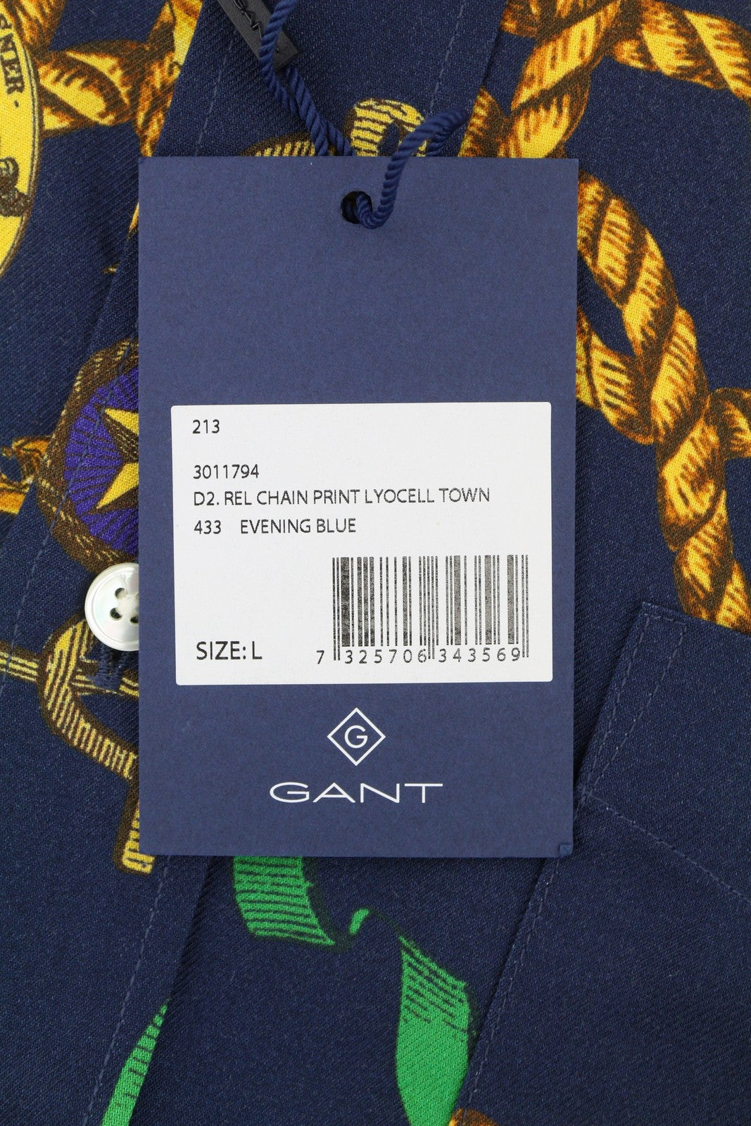 GANT Rel Chain Print Lyocell Town vyriški marškinėliai L dydžio, vakarinės mėlynos spalvos, laisvo kirpimo, laisvalaikio stiliaus 