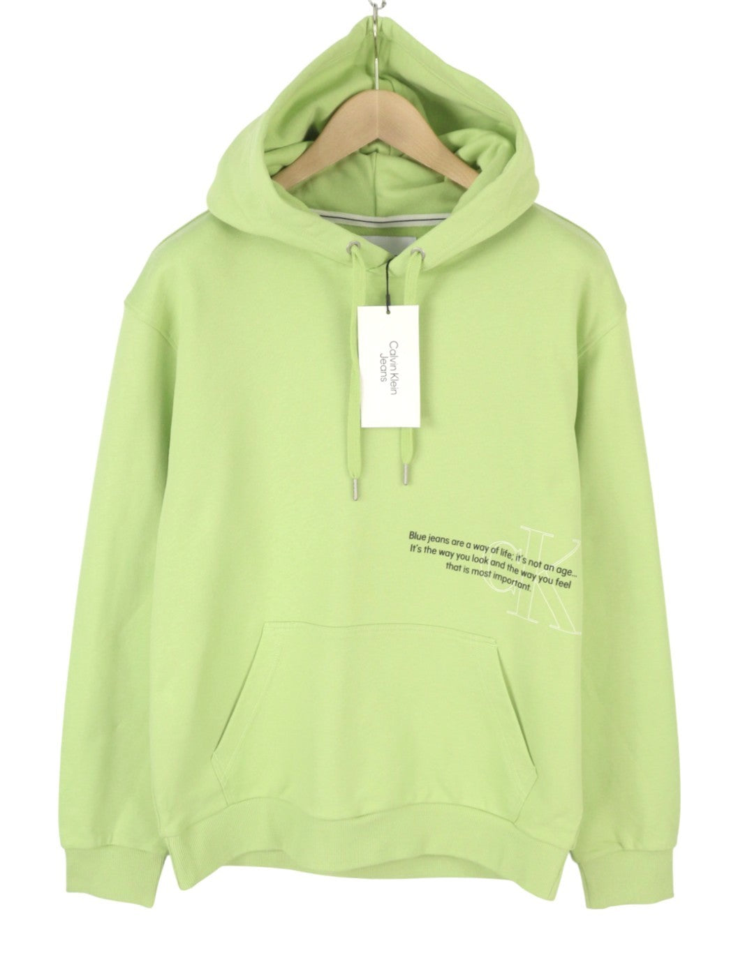 CALVIN KLEIN Men Hoodie S Jaded Green Kangaroo Pocket Logo Hooded Pullover