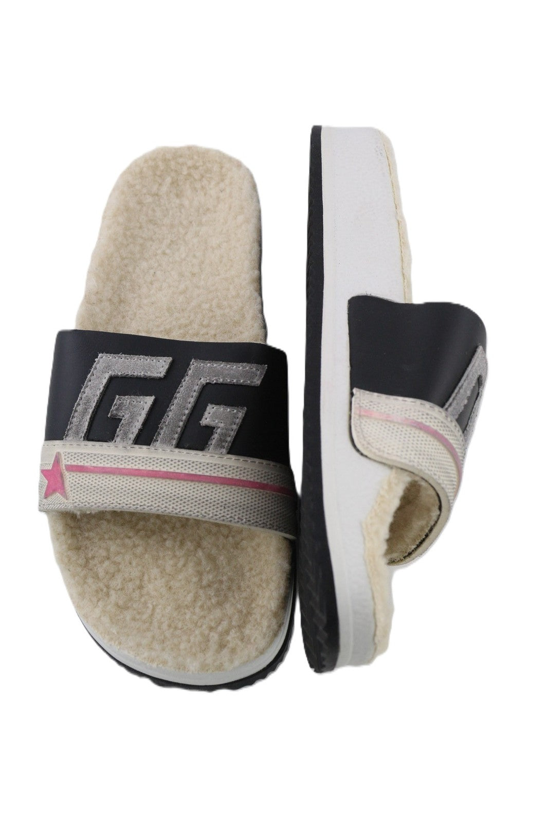 GOLDEN GOOSE Poolstar moteriškos šlepetės, 39 cm, baltos, smėlio spalvos, dirbtinio kailio, įsispiriamos. 