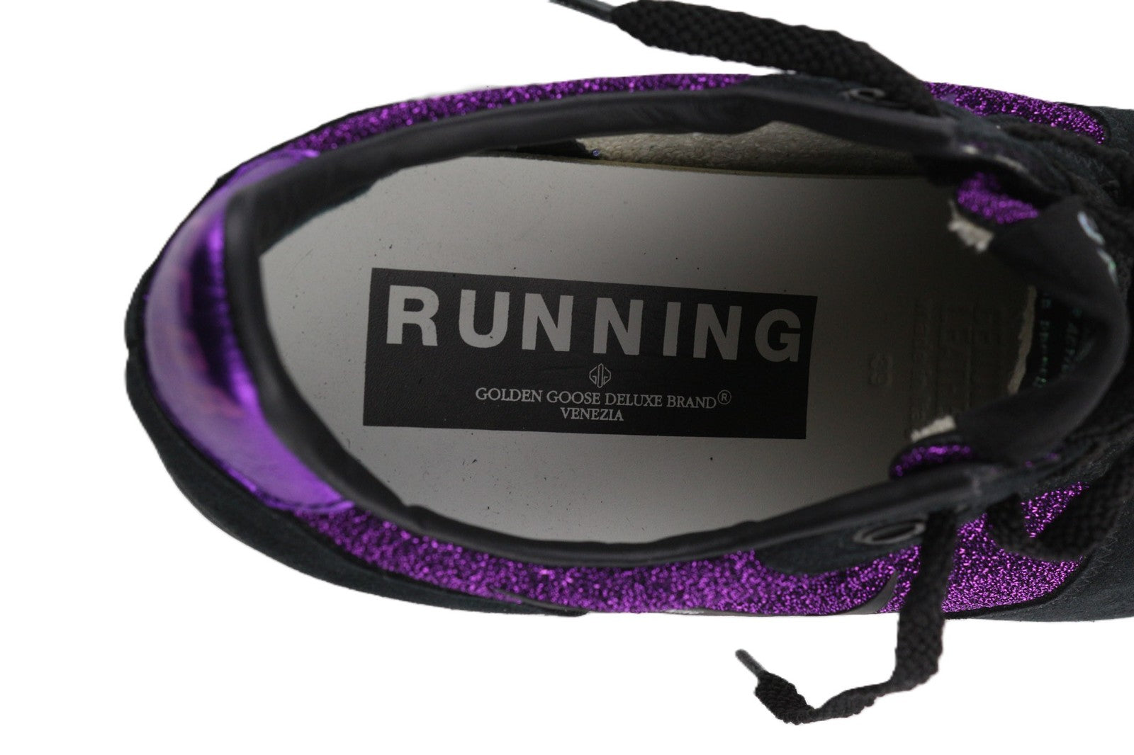 „GOLDEN GOOSE“ bėgimo bateliai moterims, 39 dydžio, violetiniai juodi, odiniai, blizgantys sportbačiai. 