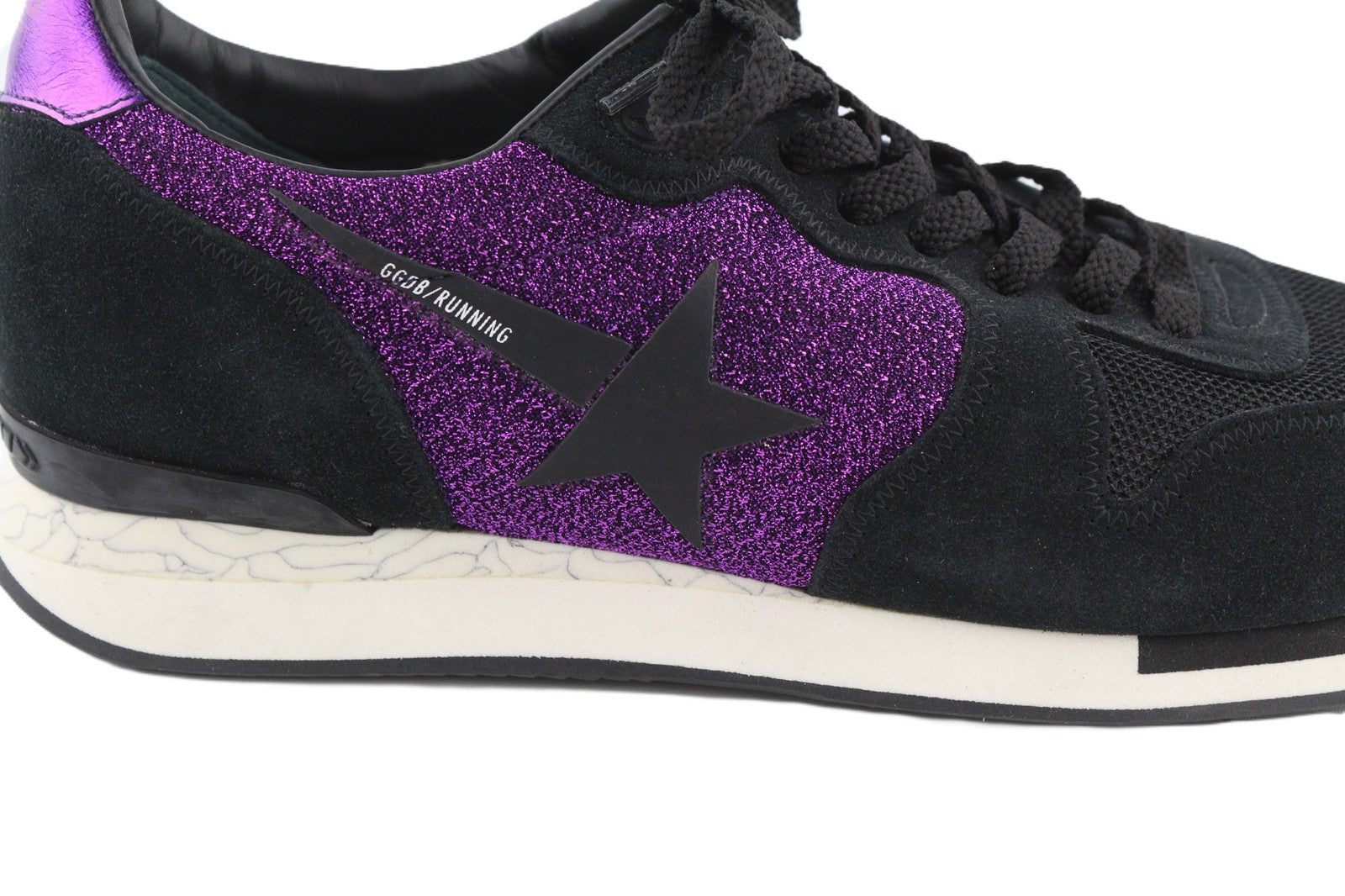 „GOLDEN GOOSE“ bėgimo bateliai moterims, 39 dydžio, violetiniai juodi, odiniai, blizgantys sportbačiai. 