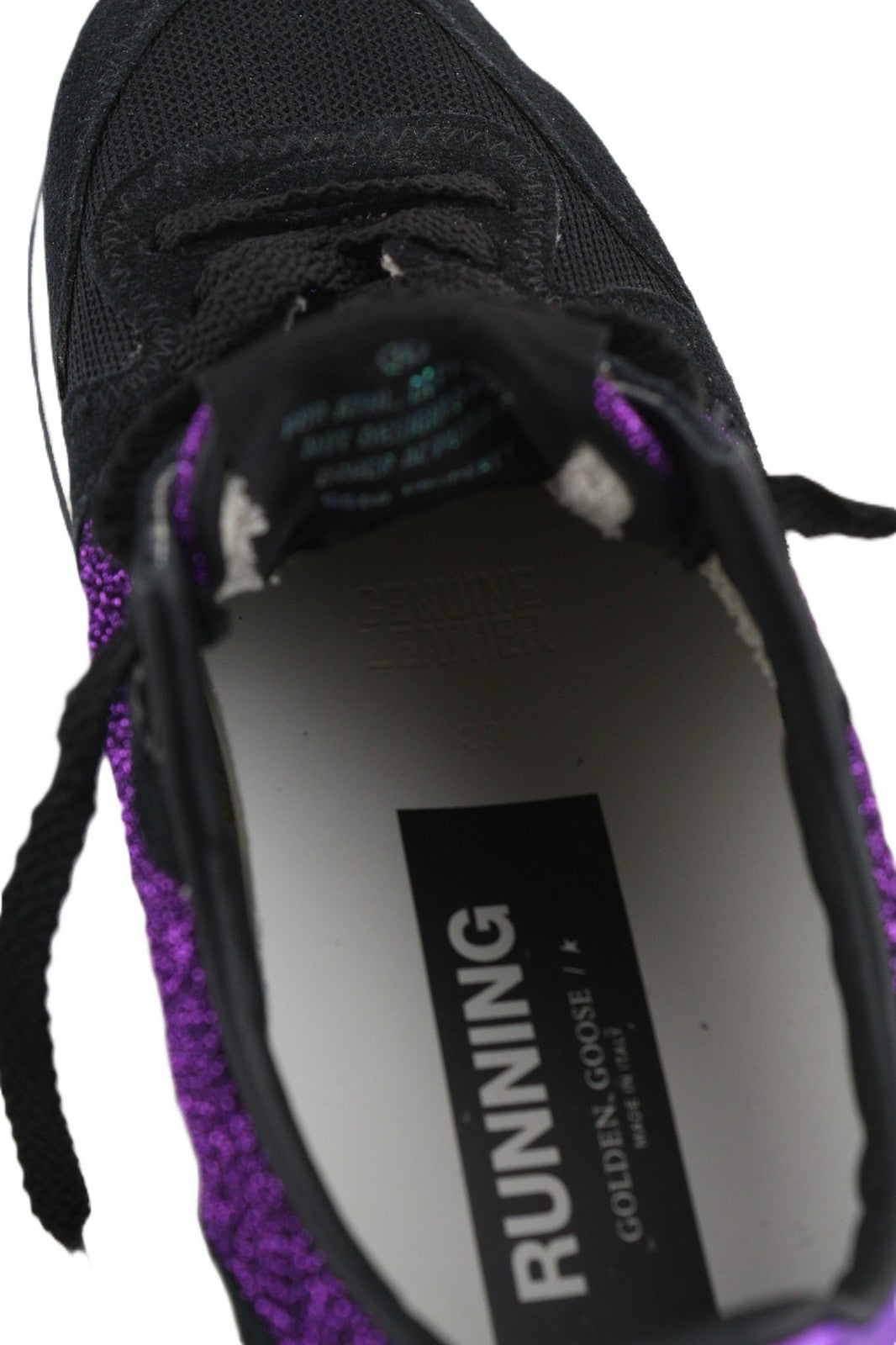 „GOLDEN GOOSE“ bėgimo bateliai moterims, 39 dydžio, violetiniai juodi, odiniai, blizgantys, žemakulniai bateliai, pora. 