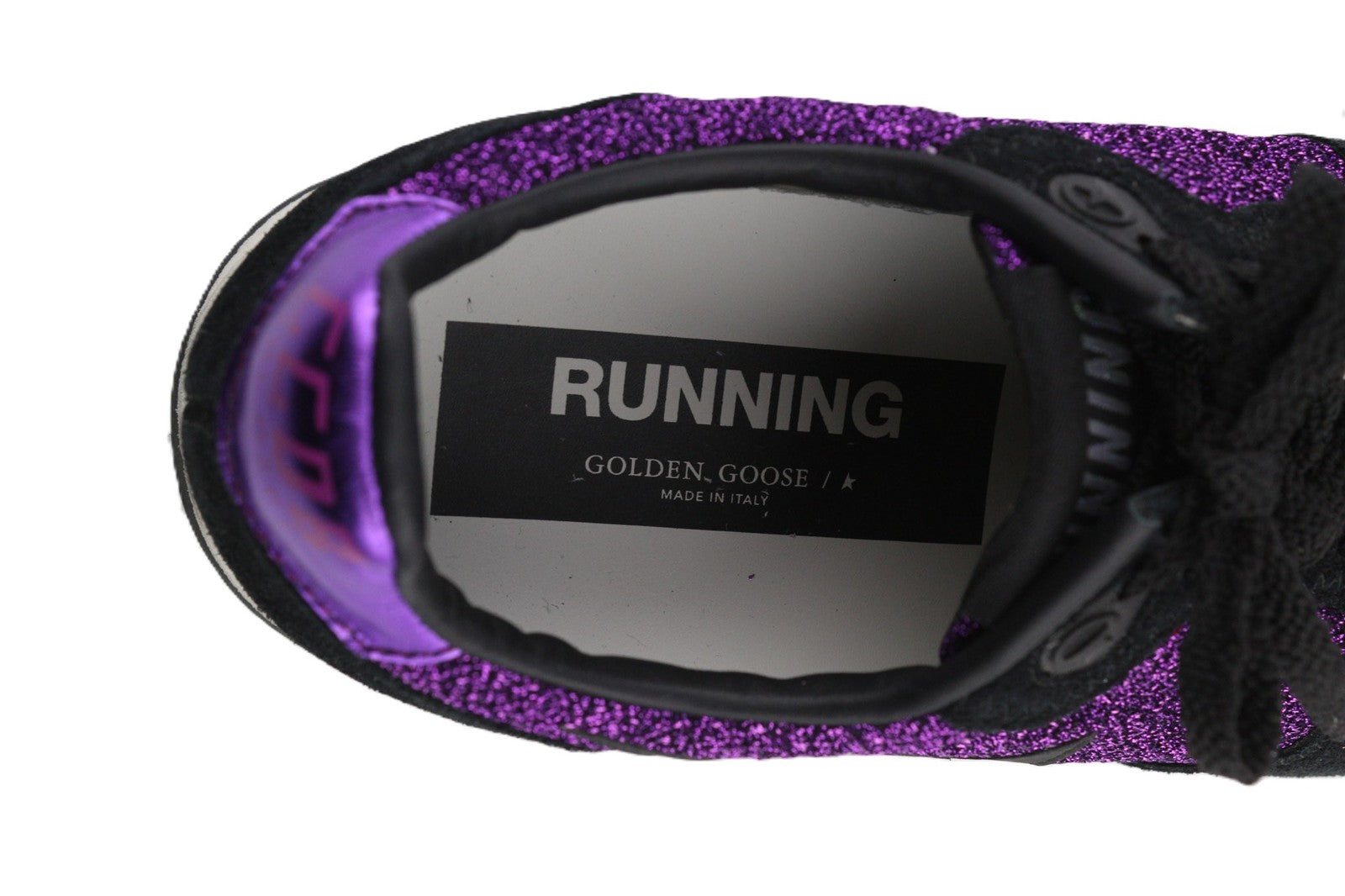 „GOLDEN GOOSE“ bėgimo bateliai moterims, 39 dydžio, violetiniai juodi, odiniai, blizgantys, žemakulniai bateliai, pora. 