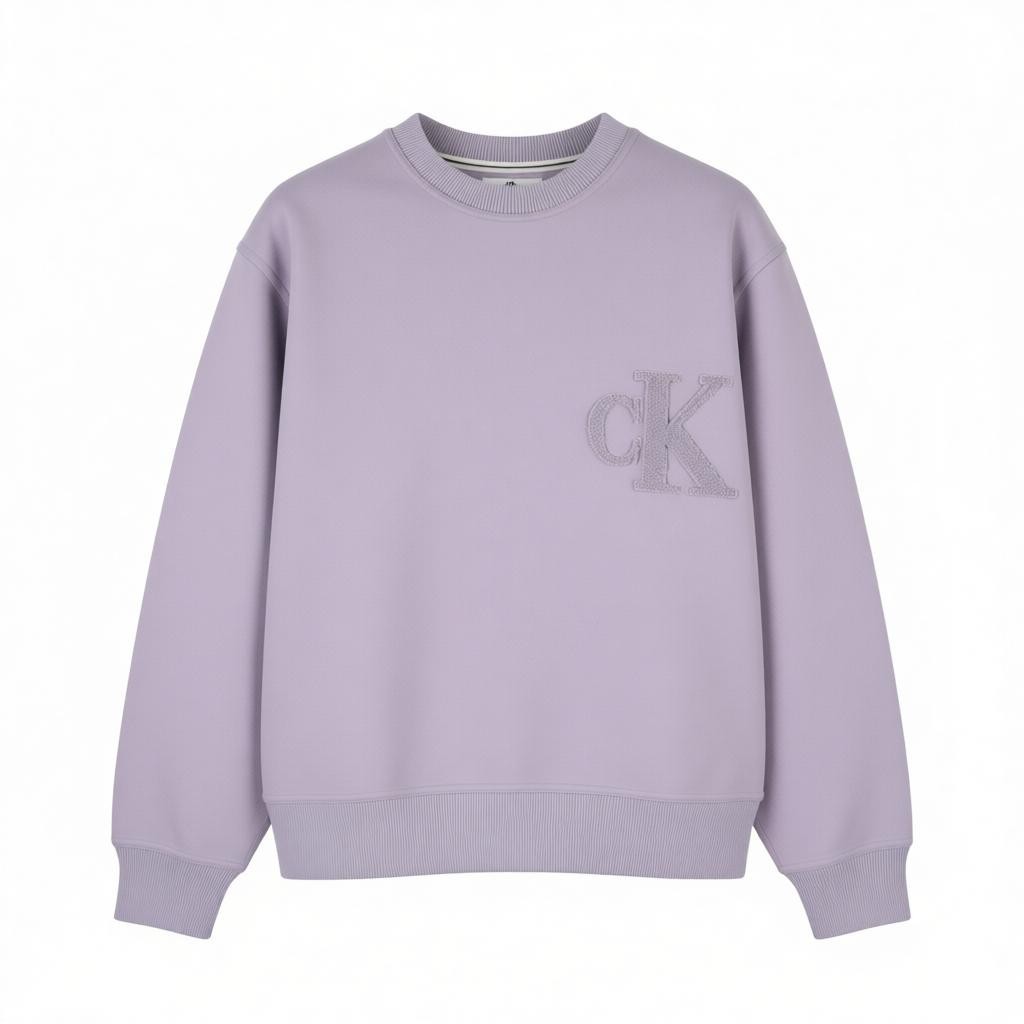CALVIN KLEIN vyriškas džemperis M su levandų ir violetinės spalvos apvalia kaklo iškirpte ir logotipu, didelis megztinis 