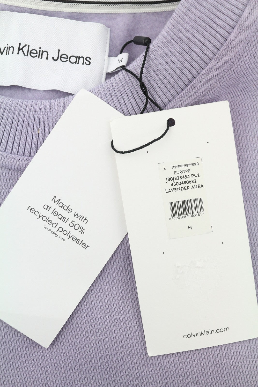 CALVIN KLEIN vyriškas džemperis M su levandų ir violetinės spalvos apvalia kaklo iškirpte ir logotipu, didelis megztinis 