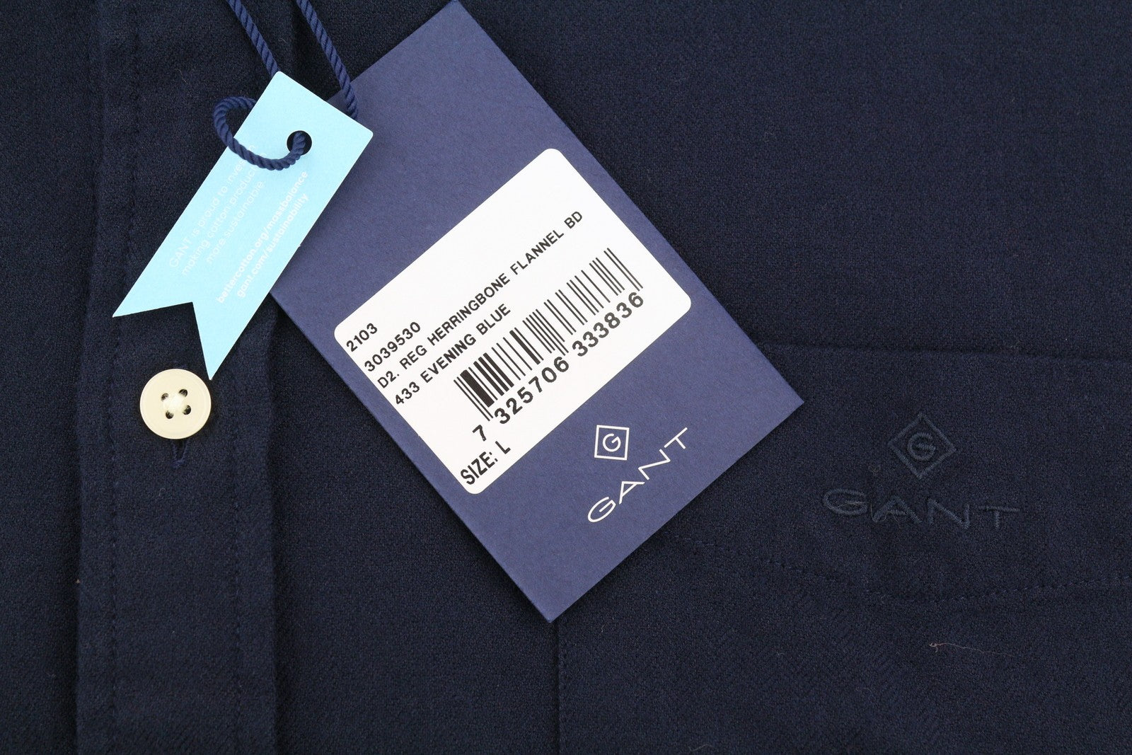 GANT Reg Herringbone flaneliniai vyriški marškinėliai L dydžio, vakaro mėlyna, su sagomis žemyn iškirpte, laisvalaikio stiliaus