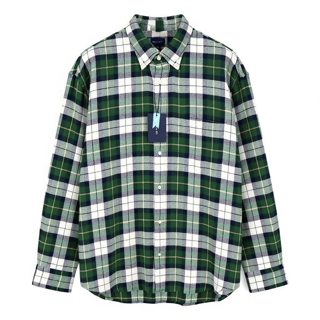 GANT Rel Texture Check vyriški marškinėliai XL dydžio, miško žali, flaneliniai, su sagomis atlenkiama apykakle, laisvalaikio stiliaus 