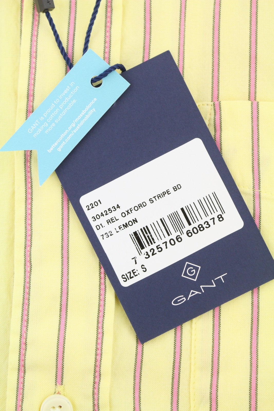 GANT Rel Oxford Stripe vyriški marškinėliai S, citrininė spalva, sagomis užsegama apykakle, užlopytomis kišenėmis, laisvalaikio stilius 