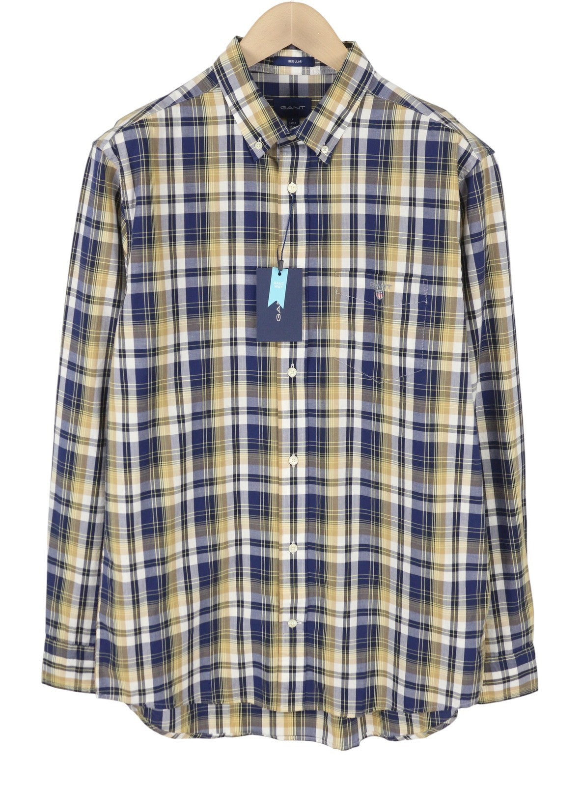 GANT Reg Washed Poplin Check vyriški marškinėliai L dydžio lazdyno medžio smėlio spalvos su sagomis žemyn iškirpte laisvalaikio stiliumi