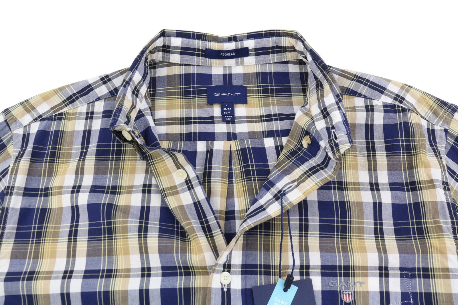 GANT Reg Washed Poplin Check vyriški marškinėliai L dydžio lazdyno medžio smėlio spalvos su sagomis žemyn iškirpte laisvalaikio stiliumi