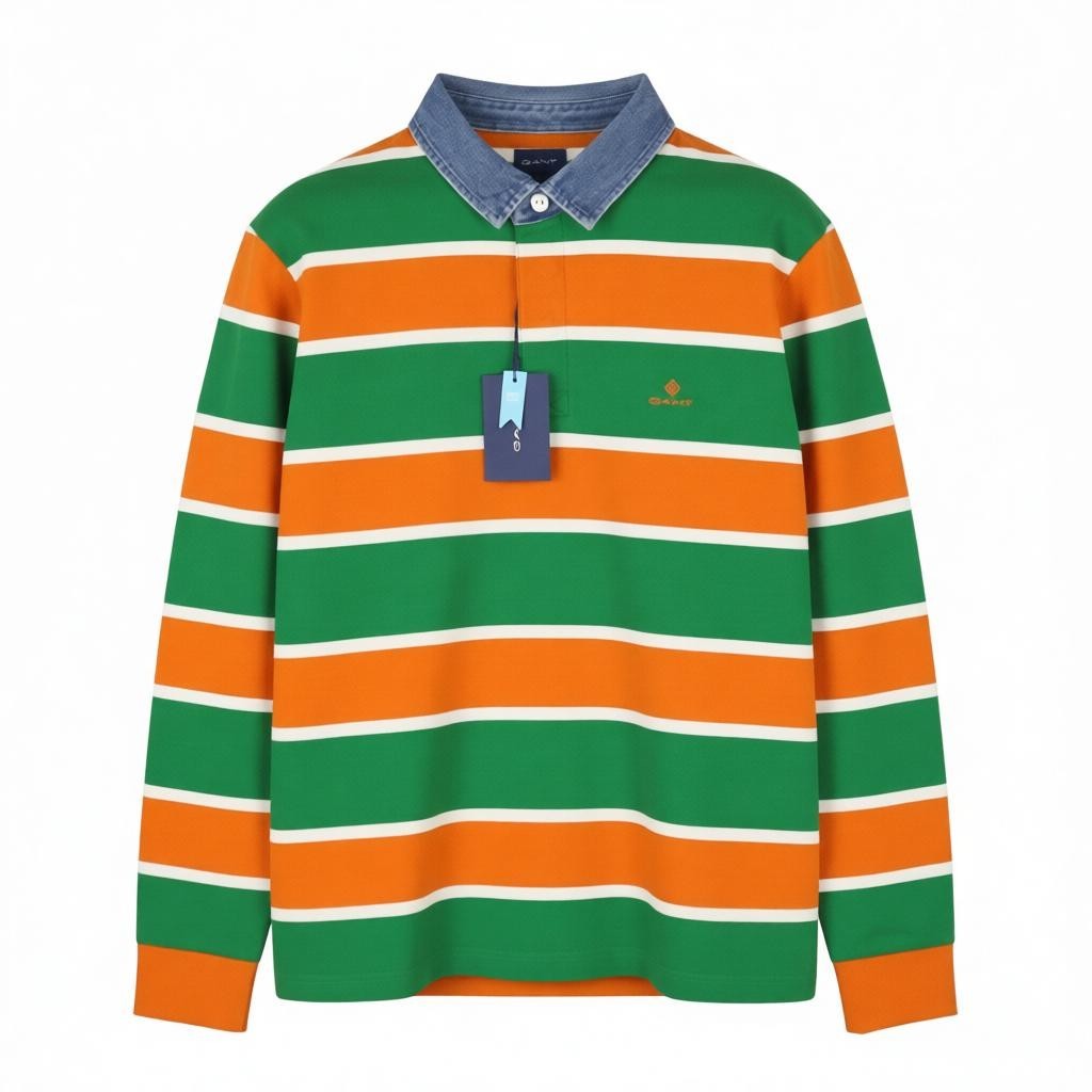 GANT džinsinio apykaklės ilgarankoviai vyriški marškinėliai su dryžuota polo apykakle ir ilgomis rankovėmis su ilgomis rankovėmis 