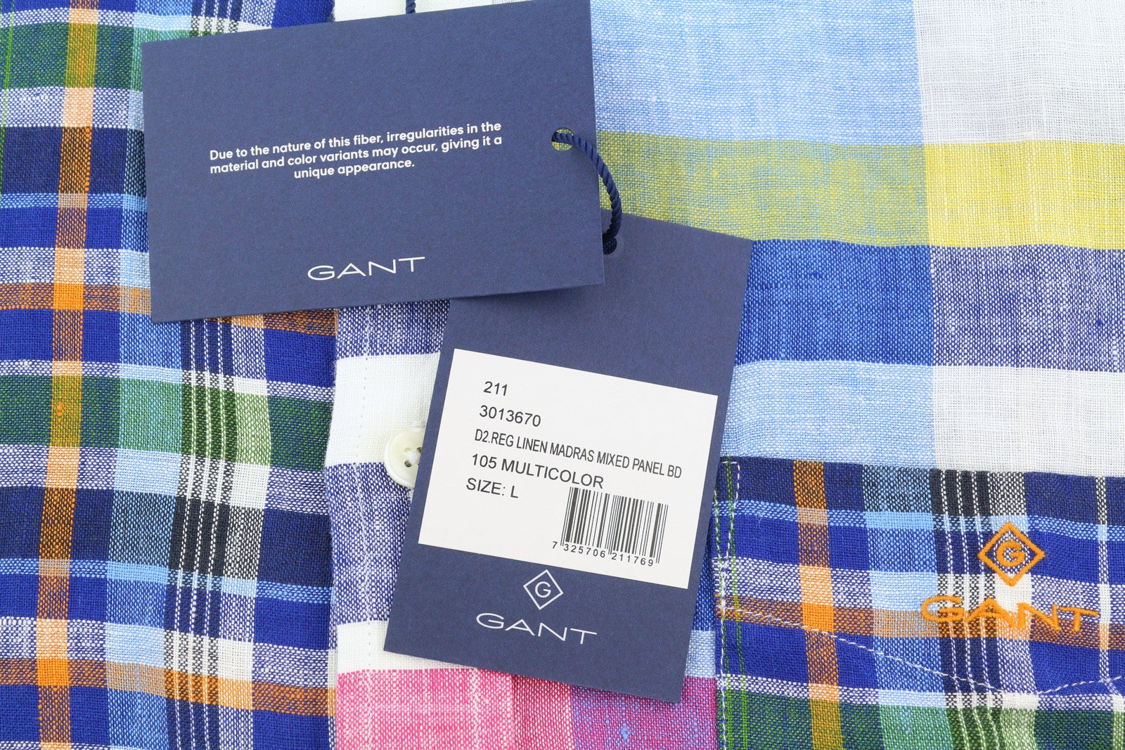 GANT Mixed Panel Linen Madras vyriški marškinėliai L dydžio spalvingi laisvalaikio stiliaus marškinėliai su sagomis 
