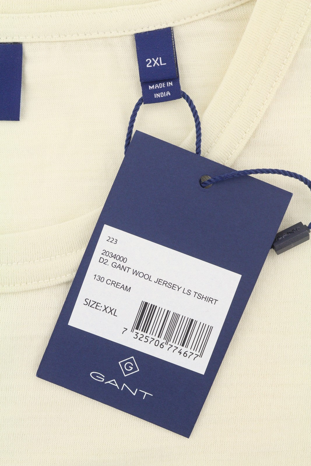 GANT vilnoniai vyriški marškinėliai su džersio raštu, 2XL, kreminės spalvos, apvalia kaklo iškirpte, tampriomis ilgomis rankovėmis, su logotipu 