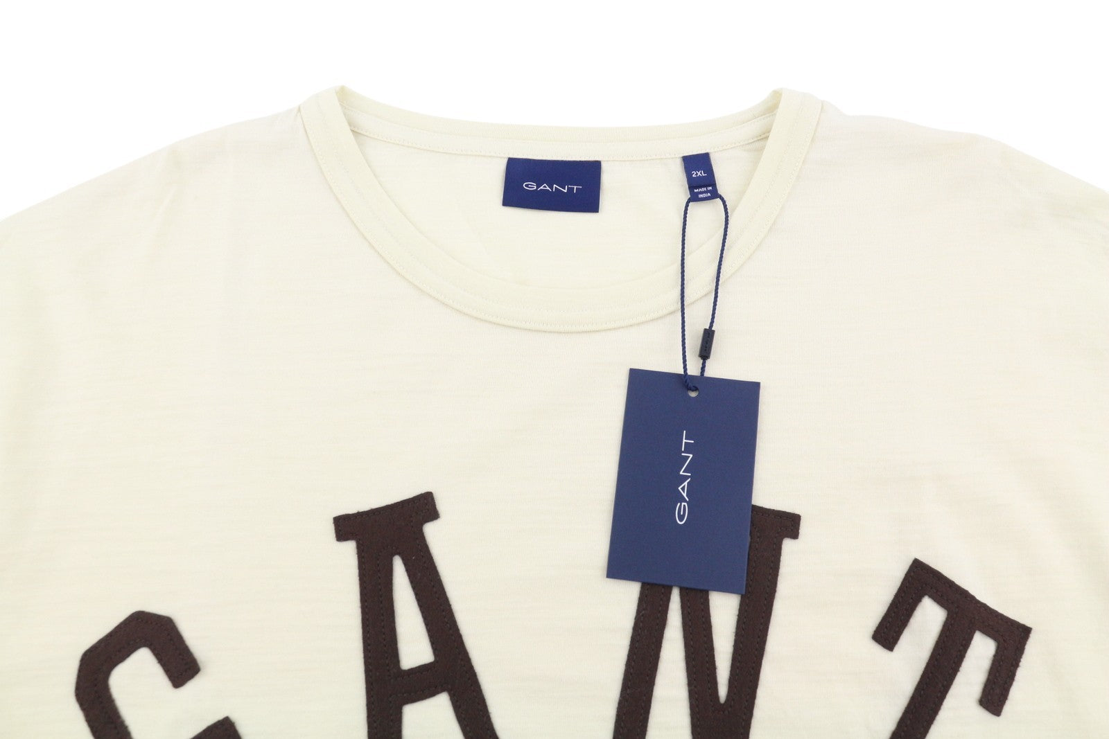 GANT vilnoniai vyriški marškinėliai su džersio raštu, 2XL, kreminės spalvos, apvalia kaklo iškirpte, tampriomis ilgomis rankovėmis, su logotipu 