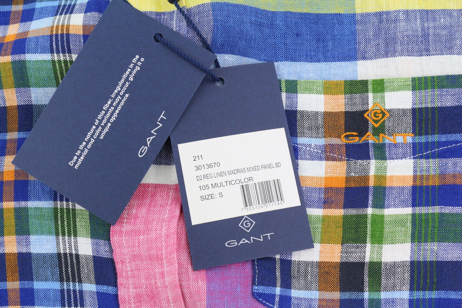 GANT Mixed Panel Linen Madras vyriški marškinėliai S dydžio spalvingi laisvalaikio stiliaus marškinėliai su sagomis 