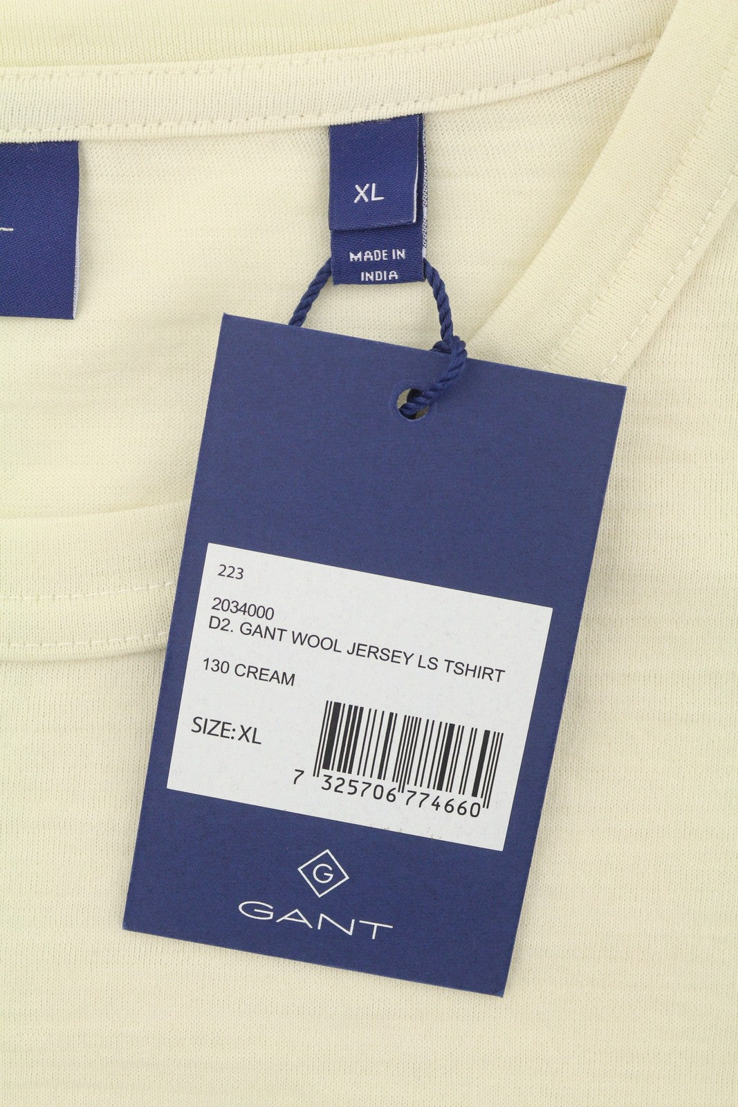 GANT vilnoniai vyriški marškinėliai su džersio raštu, kreminės spalvos, apvalios iškirptės ir ilgomis rankovėmis, su logotipu 