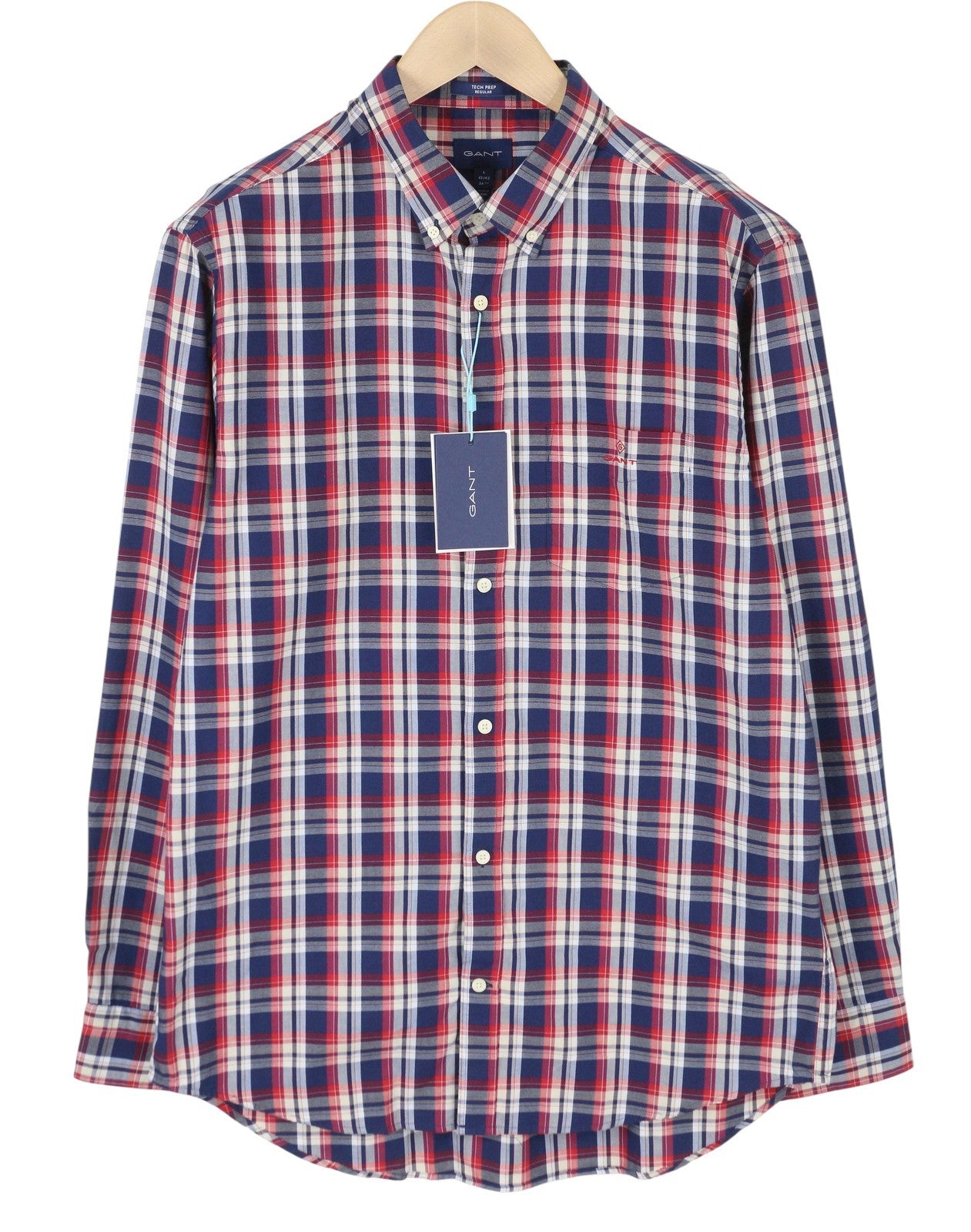 GANT Tech Prep Oxford languoti vyriški marškinėliai L dydžio, raudoni, su sagomis ir kišenėmis, laisvalaikio stiliaus 