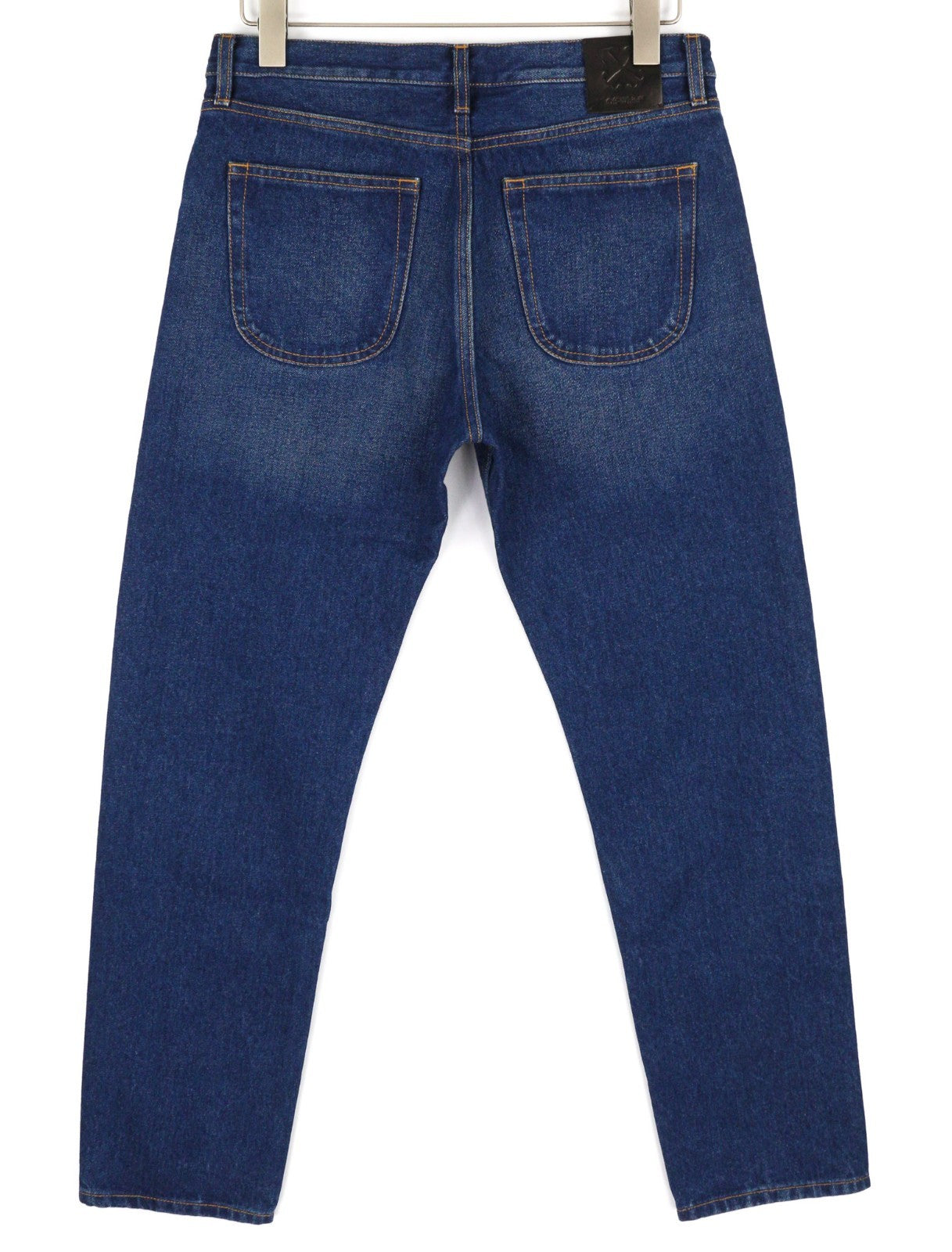 OFF-WHITE ARR vyriški džinsai W31 tamsiai mėlyni siaurėjantys skalbti džinsai su sagomis, RRP650 