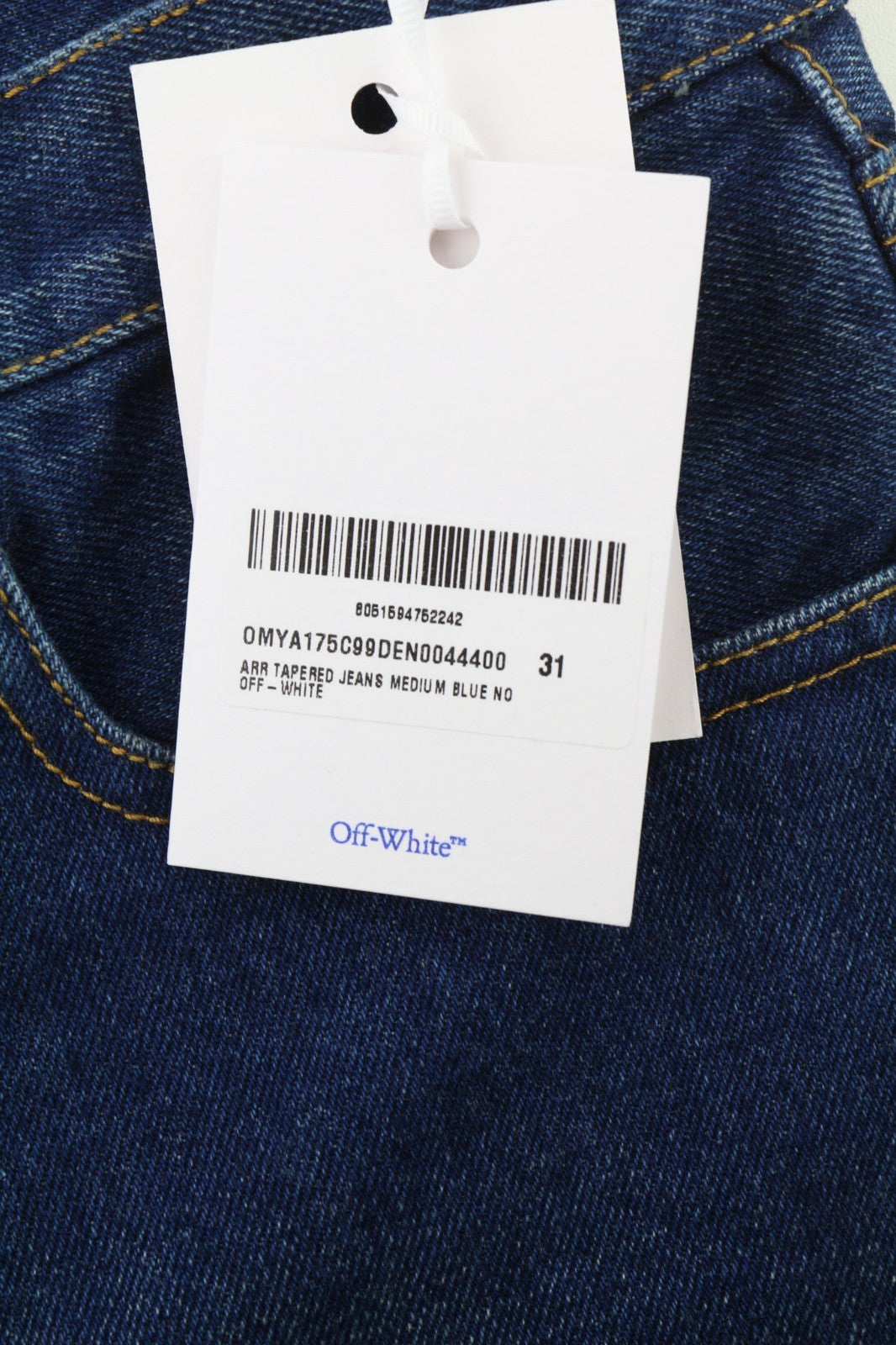 OFF-WHITE ARR vyriški džinsai W31 tamsiai mėlyni siaurėjantys skalbti džinsai su sagomis, RRP650 