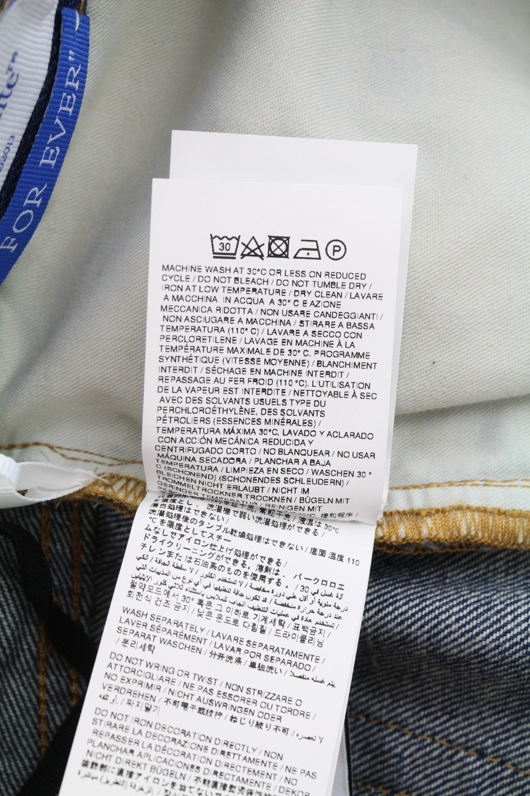 OFF-WHITE ARR vyriški džinsai W31 tamsiai mėlyni siaurėjantys skalbti džinsai su sagomis, RRP650 