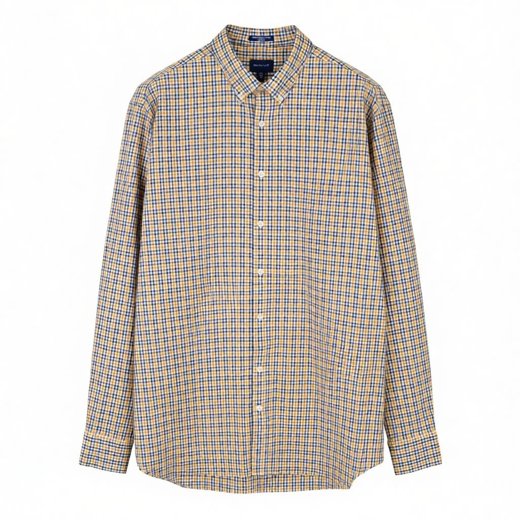 GANT „Broadcloth Gingham“ vyriški marškinėliai, 2XL, garstyčių spalvos, oranžiniai, laisvalaikio stiliaus su sagomis