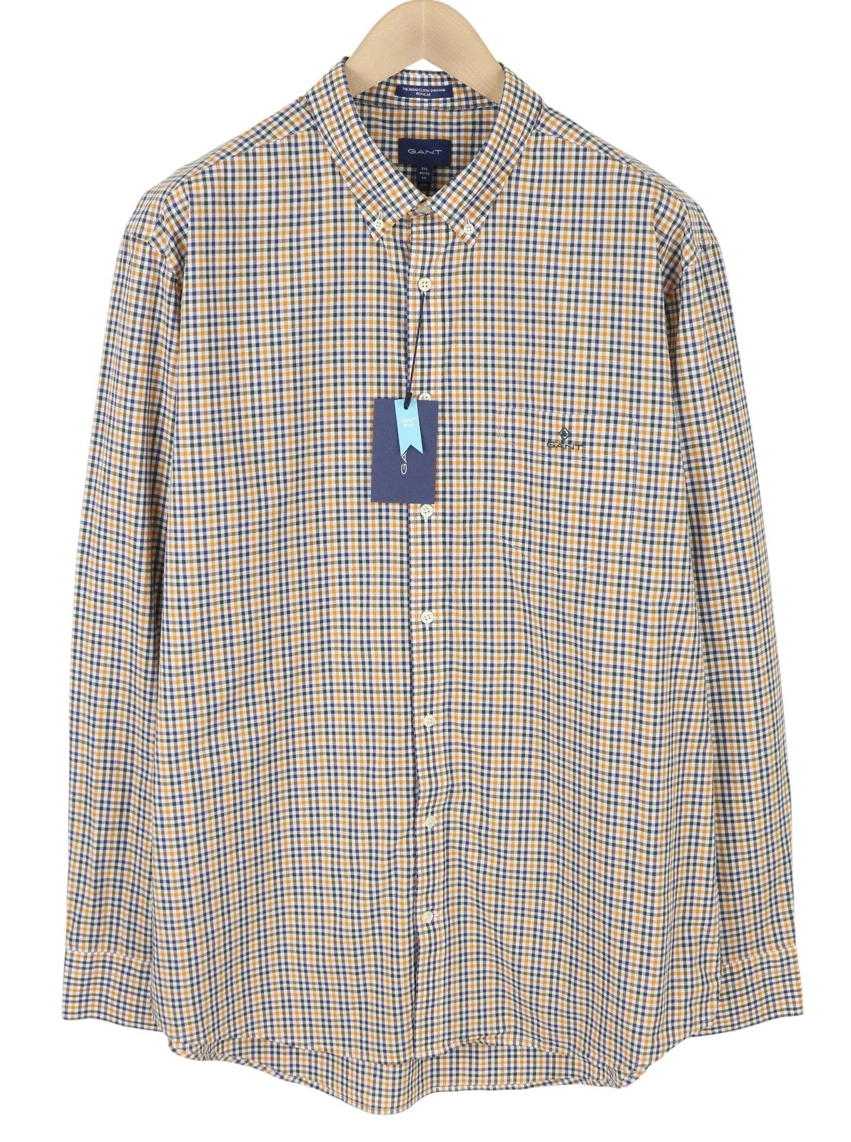 GANT „Broadcloth Gingham“ vyriški marškinėliai, 2XL, garstyčių spalvos, oranžiniai, laisvalaikio stiliaus su sagomis