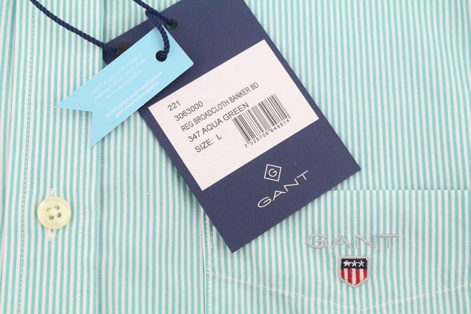 GANT The Broadcloth Stripe Men Shirt L Aqua Green Button-Down Neck Patch Pocket