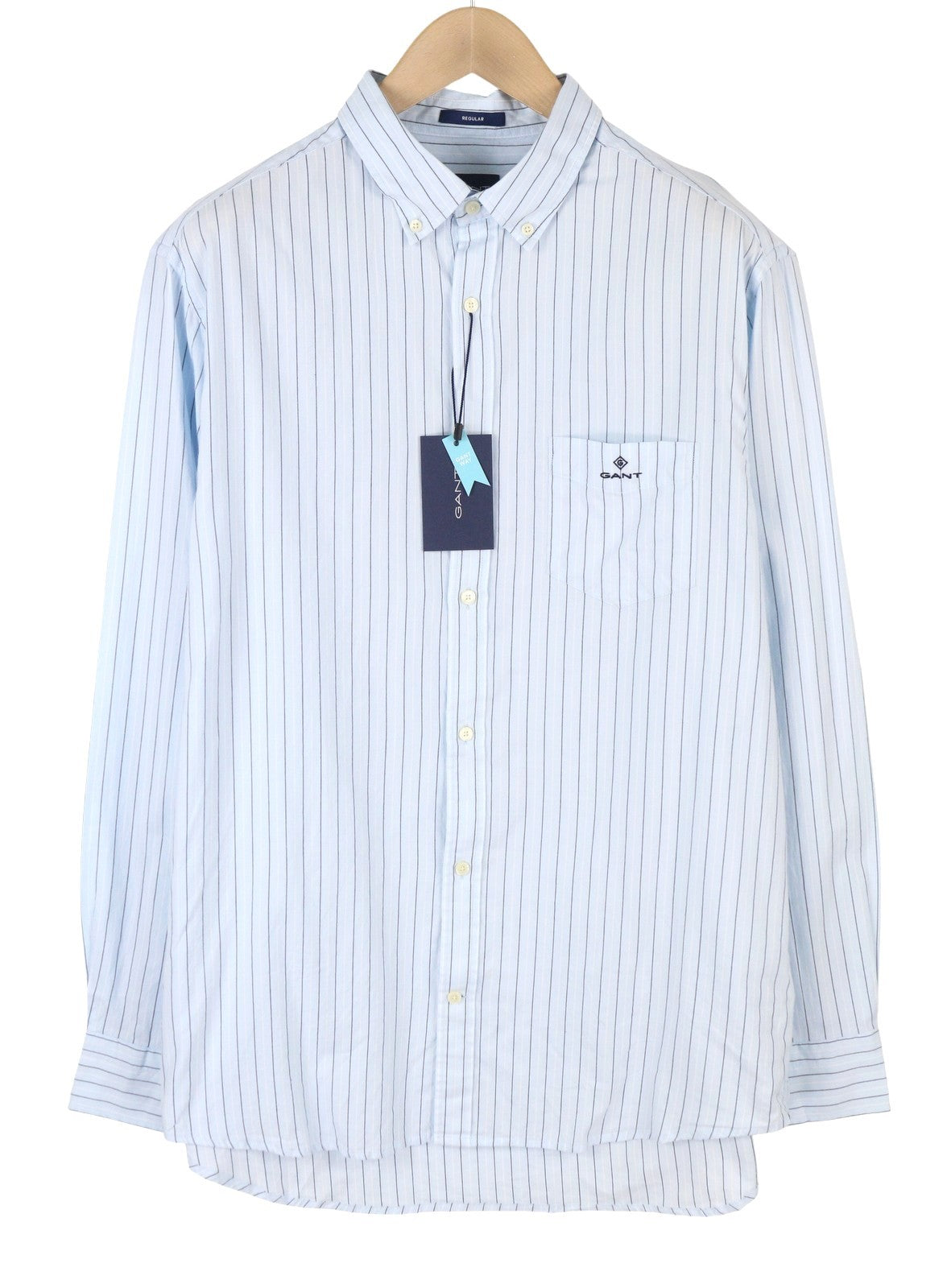 GANT Reg Oxf Stripe vyriški marškinėliai, XL dydžio, šviesiai mėlyni, su sagomis užsegama apykakle, kišenėmis laisvalaikiui