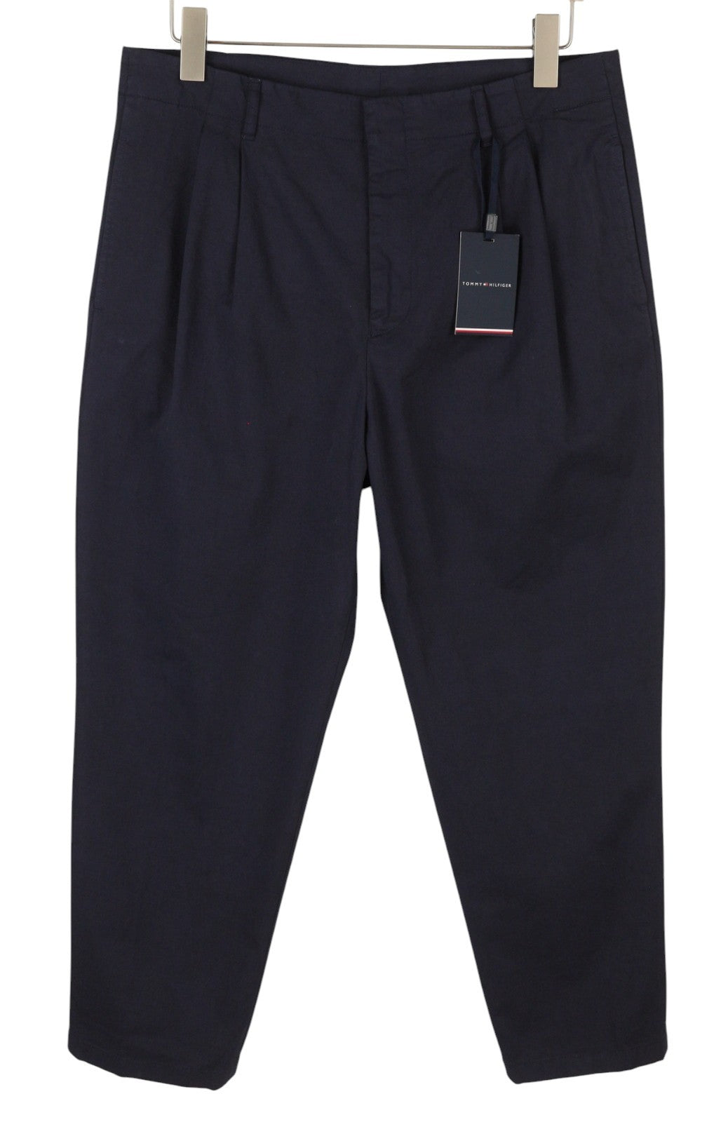 TOMMY HILFIGER Army Stretch Twill vyriškos kelnės, tamsiai mėlynos, klostuotos, su užtrauktuku. 