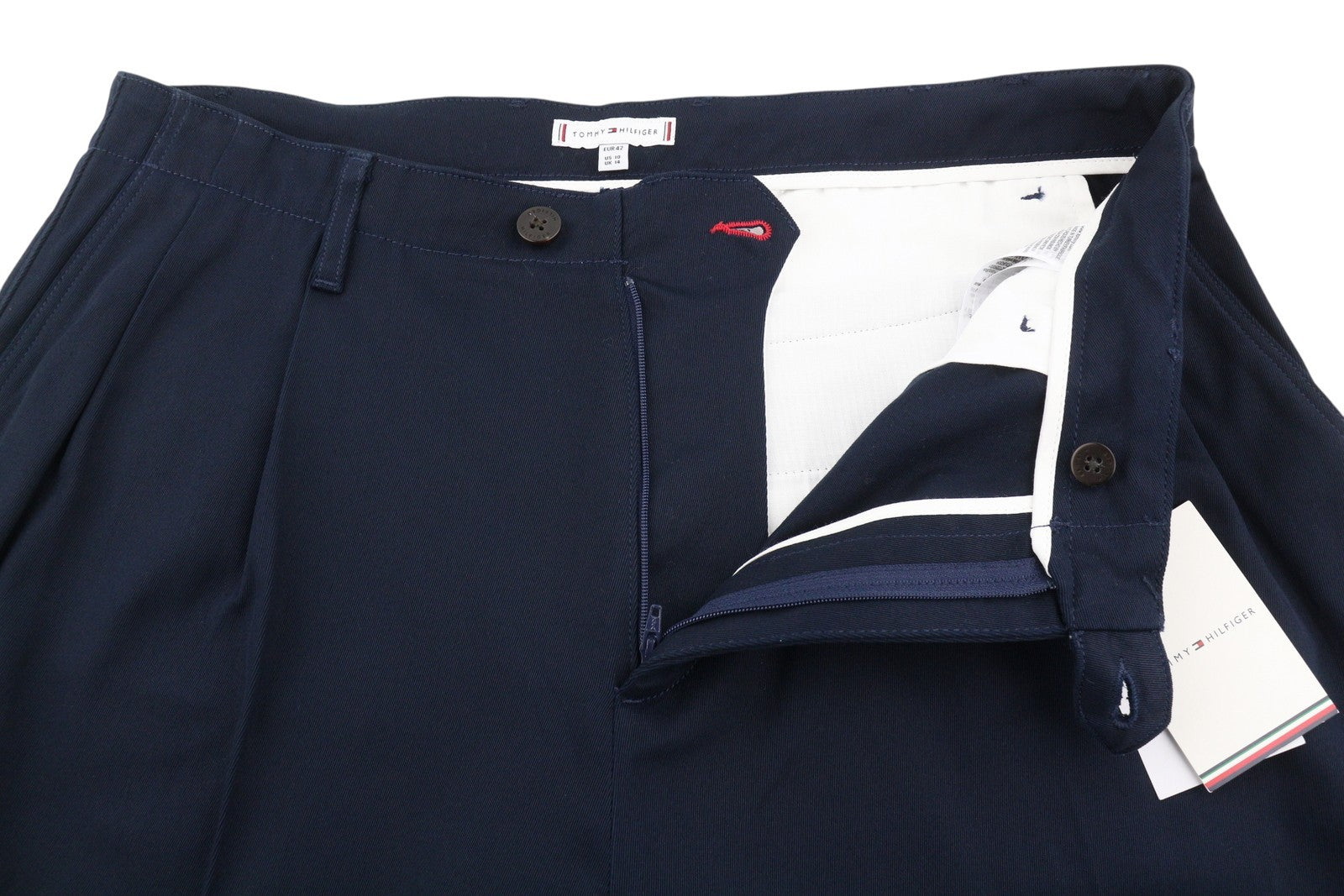 TOMMY HILFIGER laisvalaikio tiesios moteriškos kelnės EU42 tamsiai mėlynos klostuotos užtrauktuku 