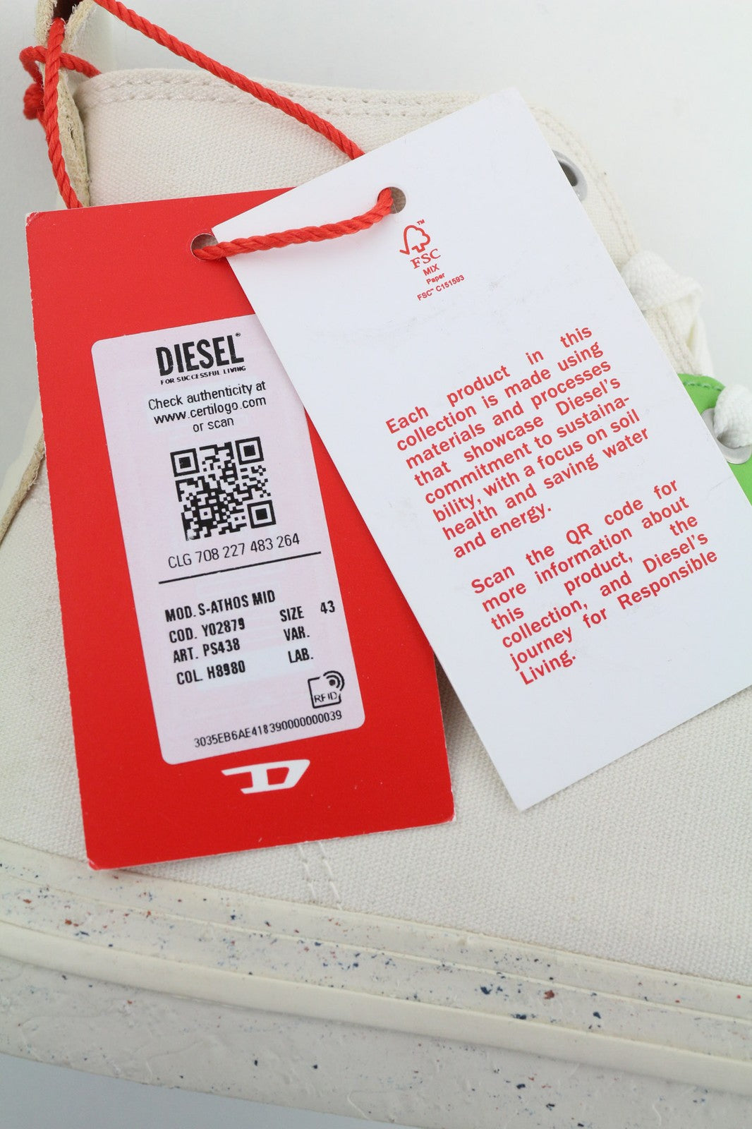 DIESEL A-Athos Mid vyriški sportbačiai, UK9, EU43, balti, aukštakulniai su raišteliais, RRP175 